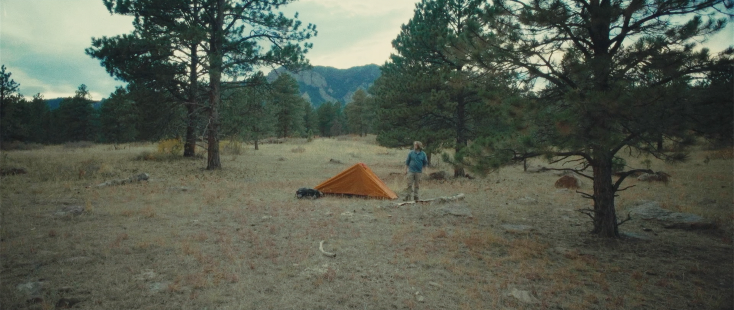 A person in outdoor clothing walking near an orange tent in a forested area with pine trees and mountains in the background.