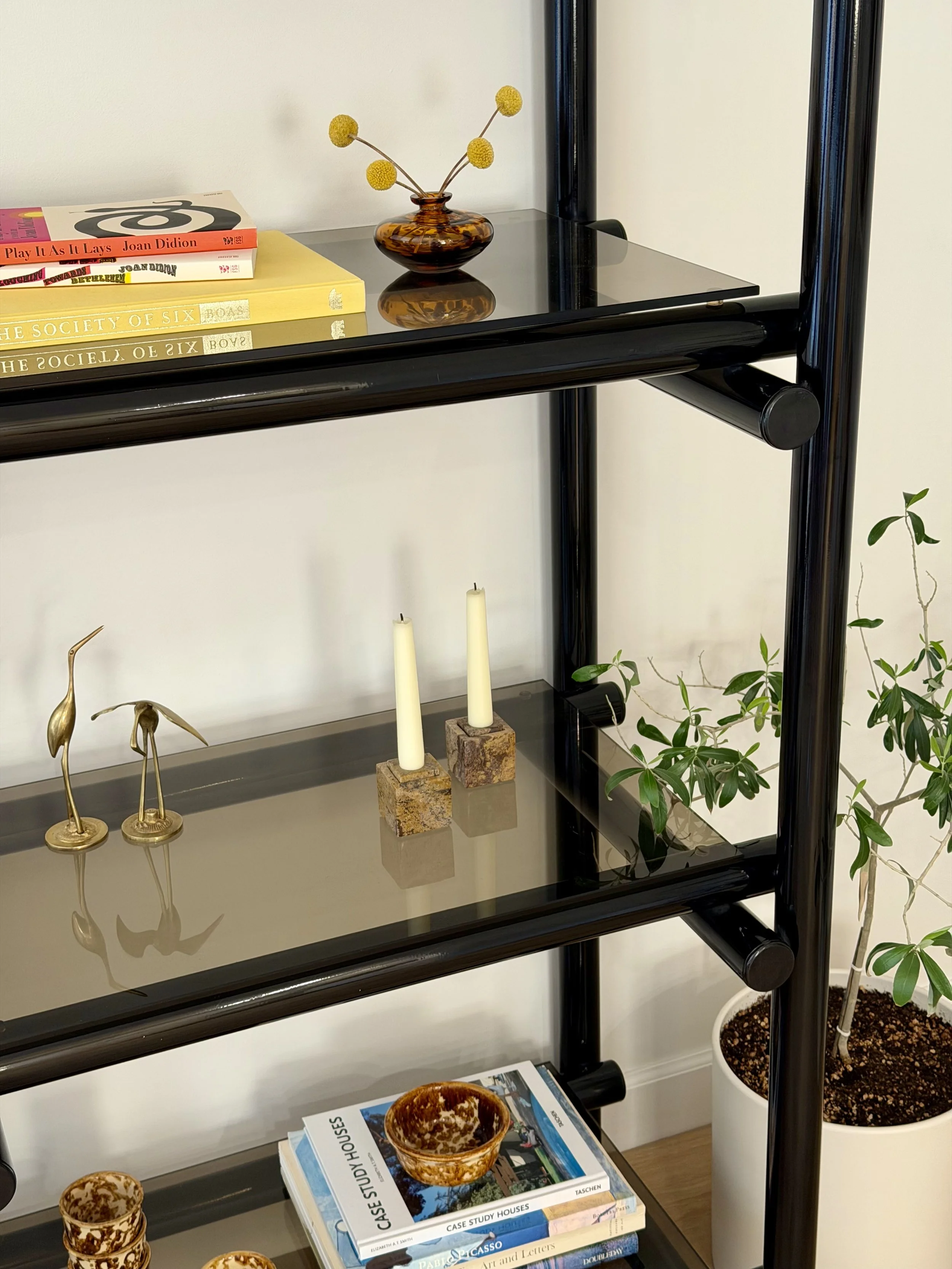 Black metal shelving unit with books, decorative objects, and a potted plant. Top shelf has books and a small brown glass vase with yellow billy ball flowers. Lower shelf has books, gold-colored decorative objects, and a magazine. A large potted plan