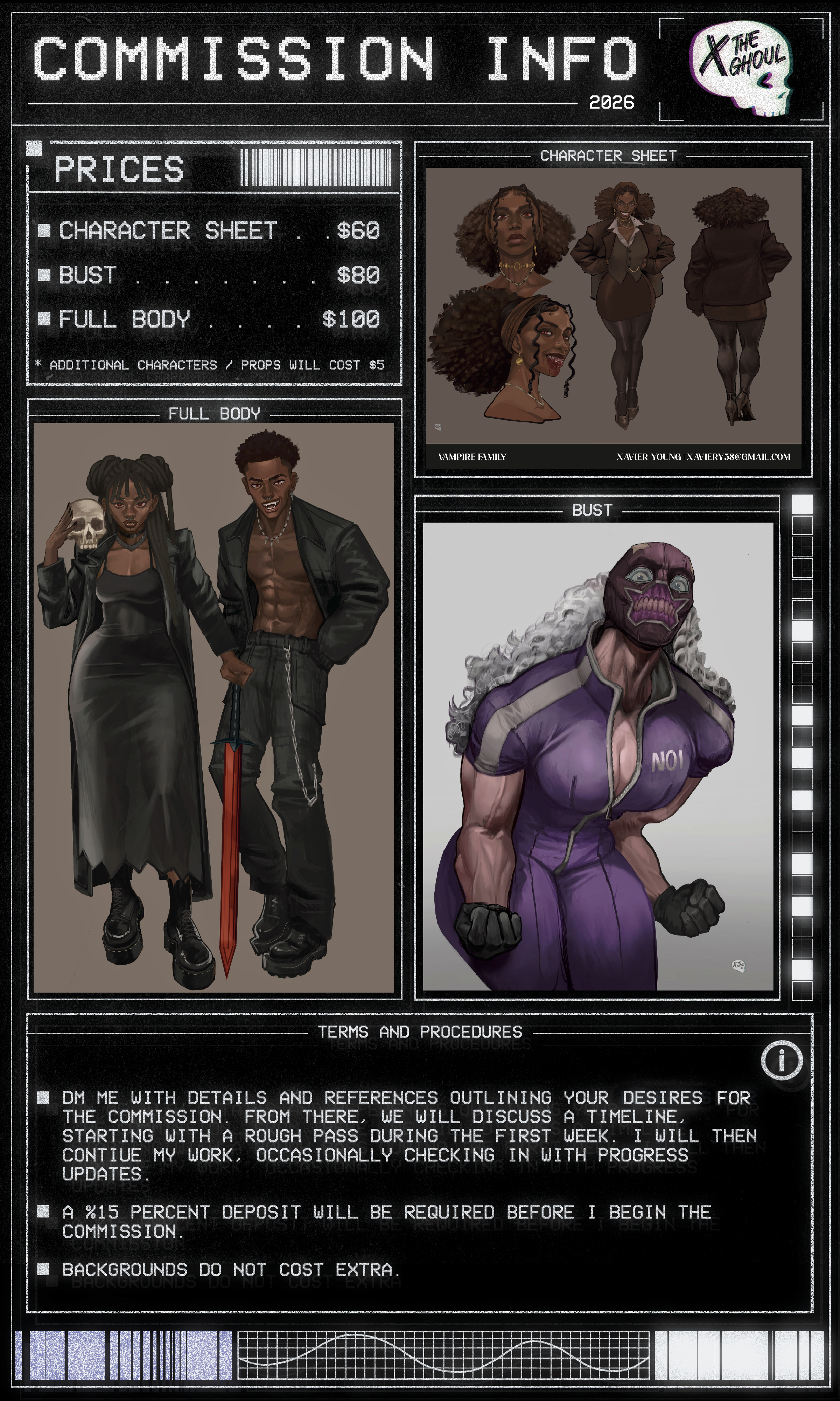 A digital commission info board with character art and pricing details, featuring characters including a gothic woman with a skull, a vampire family, and a muscular woman with a purple mask, all on a dark background with pixel art elements.