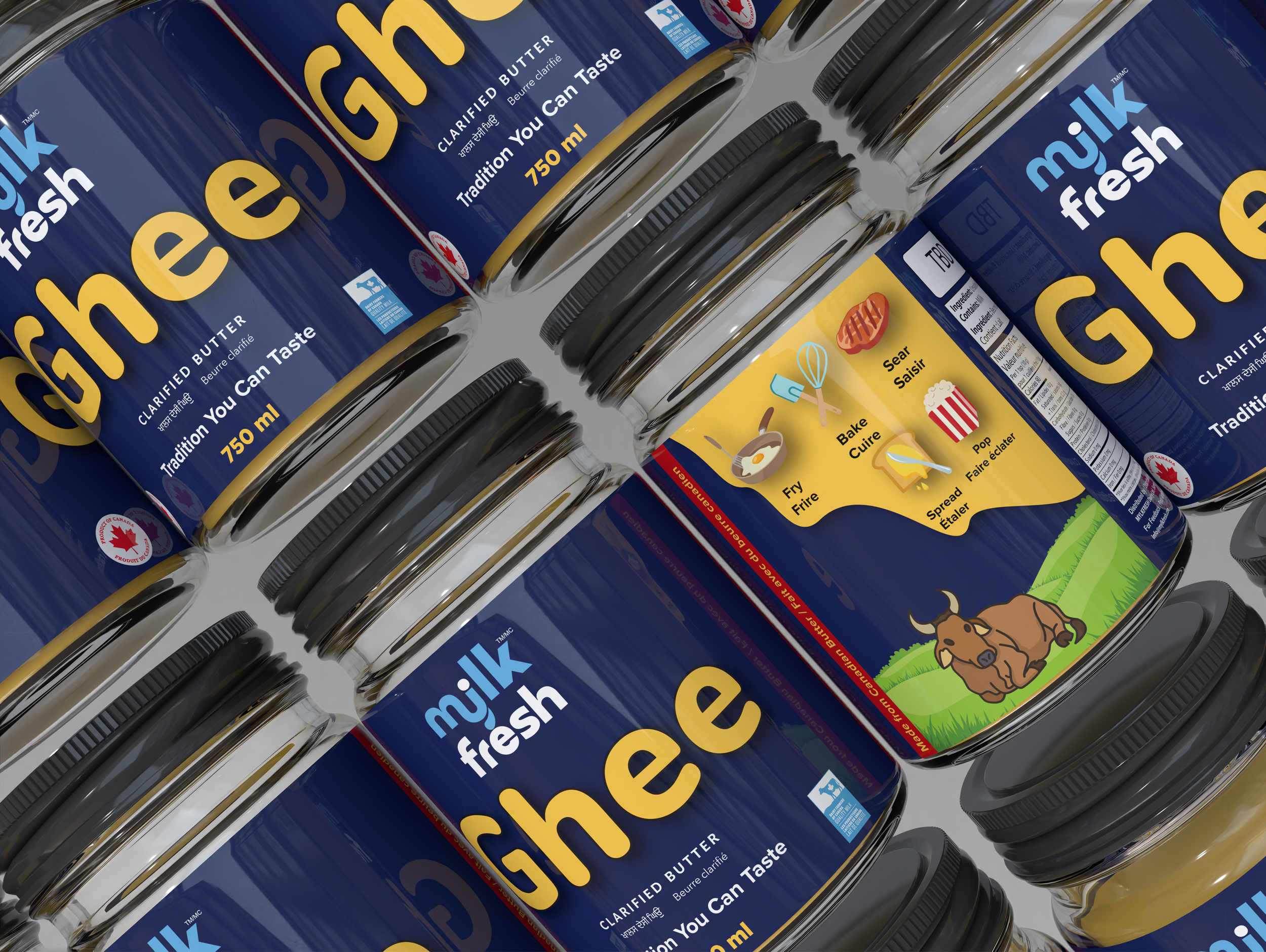 Multiple jars of Ghee with black lids, blue labels that read "milk fresh ghee," and a yellow section showing how to use the ghee for cooking and baking, featuring icons for frying, baking, searing, spreading, and popping, with a grassy field and a br