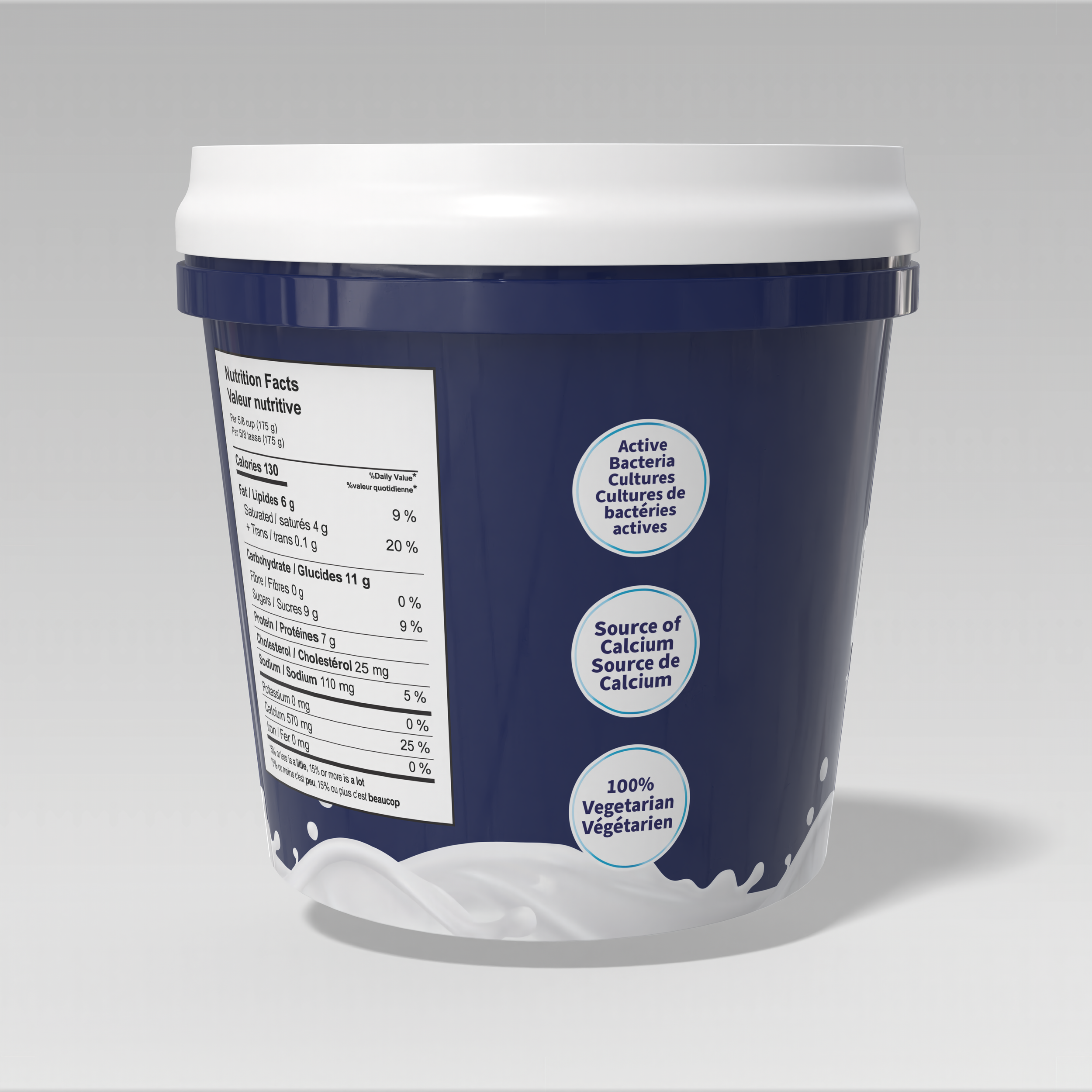 A blue and white container with nutrition facts label and three circular labels indicating active bacteria, source of calcium, and vegetarian ingredients.