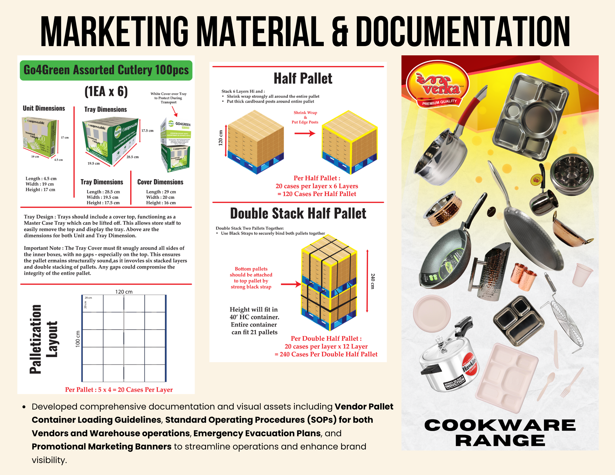 Marketing material and documentation for kitchenware, including packaging specifications, palletization instructions, and product display images.