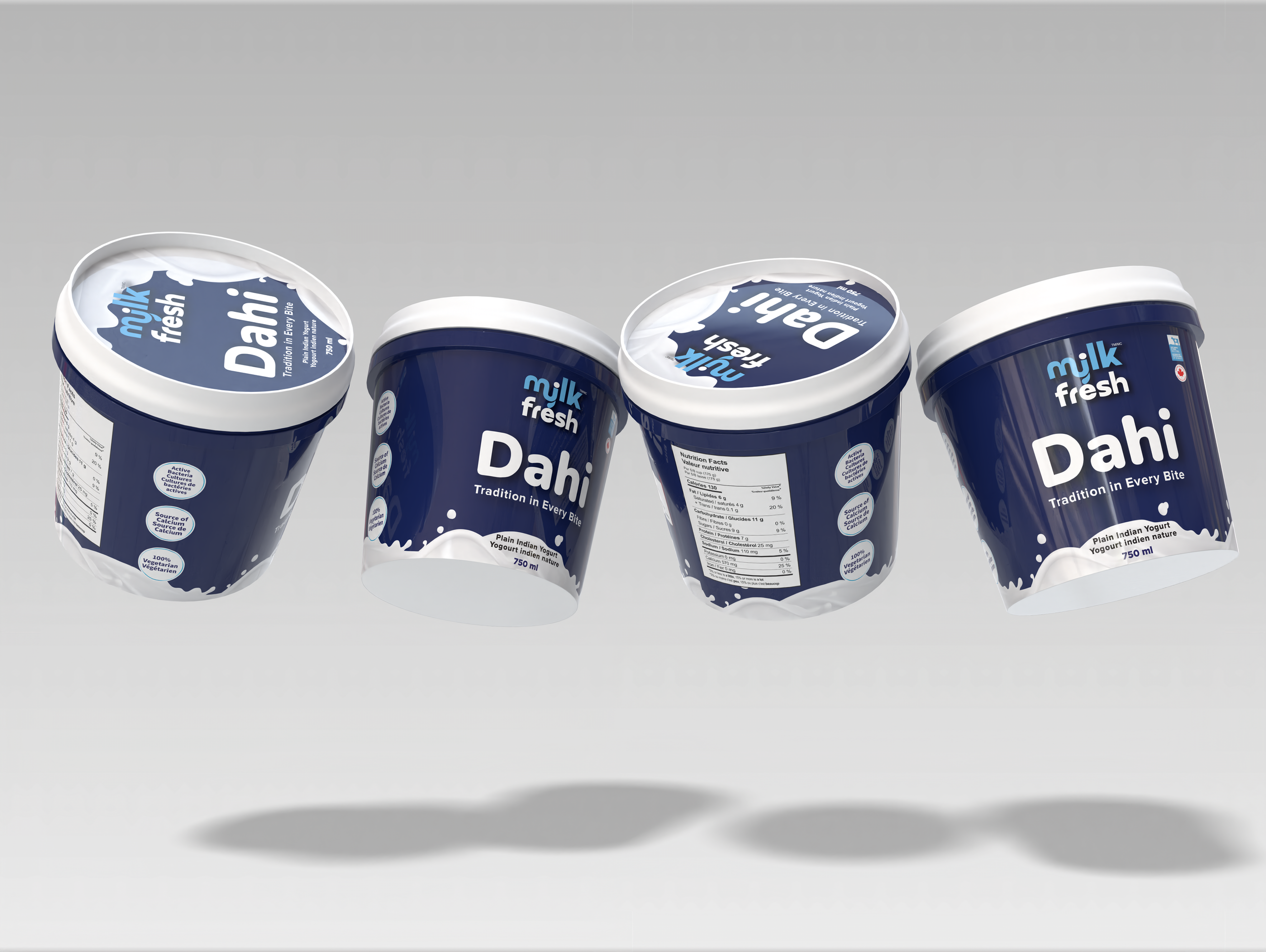 Four containers of Milk Fresh Dahi yogurt, with blue and white packaging, floating in the air with shadows beneath.