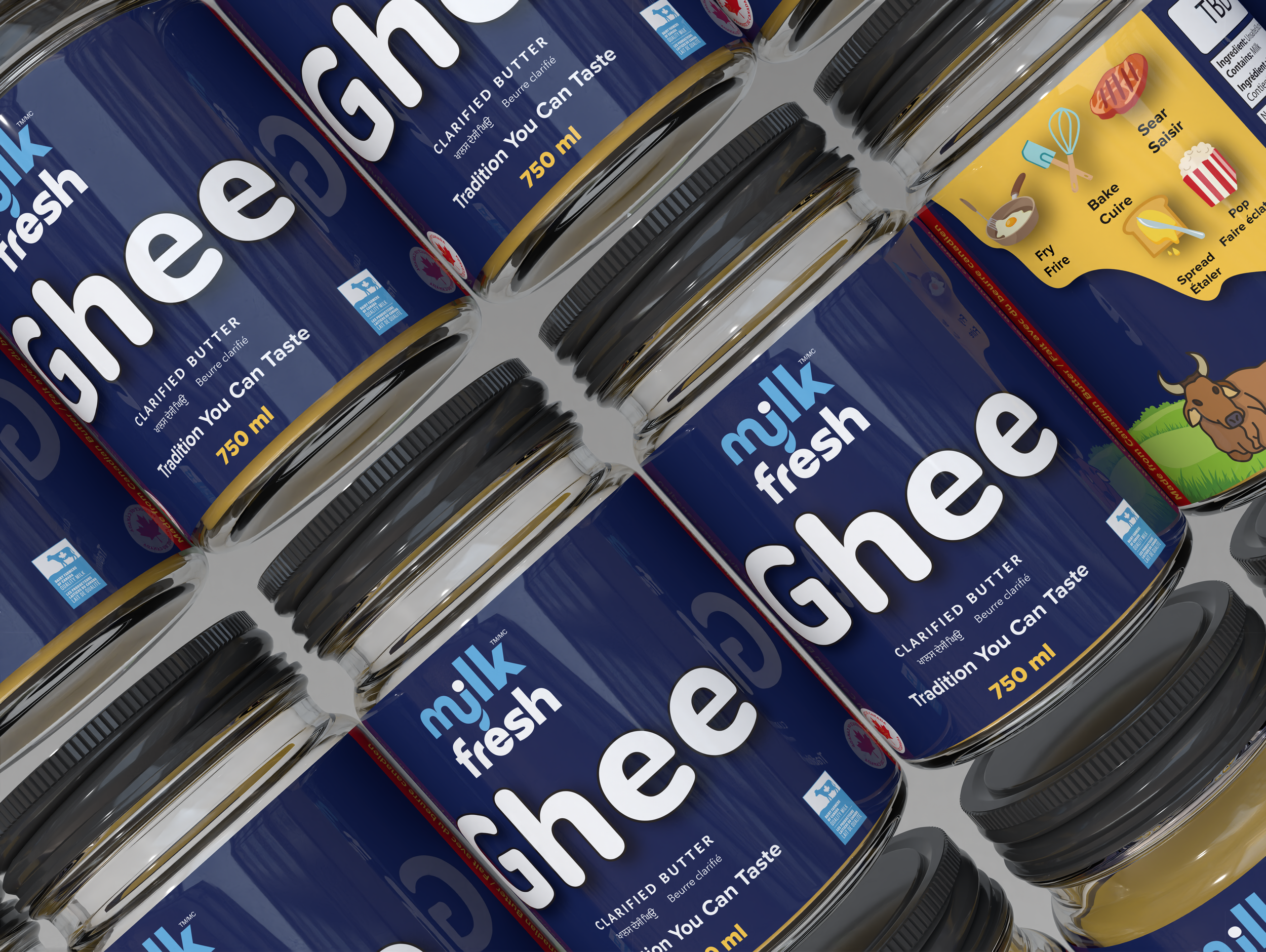 Multiple cans of milk cheese stacked together, featuring blue labels with white text and black lids, with some cans showing dietary instructions and illustrations of cooking images.
