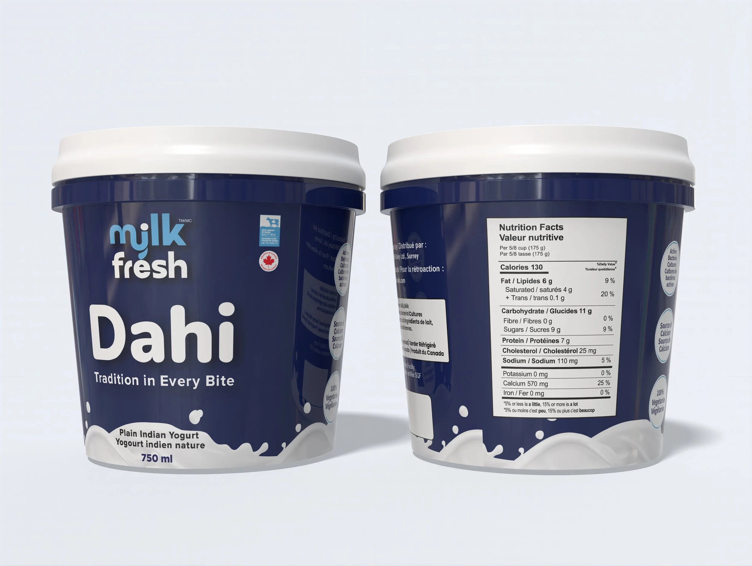Two containers of Milk Fresh Dahi (plain Indian yogurt), 750 ml each, with nutritional facts on one container and the front label on the other.