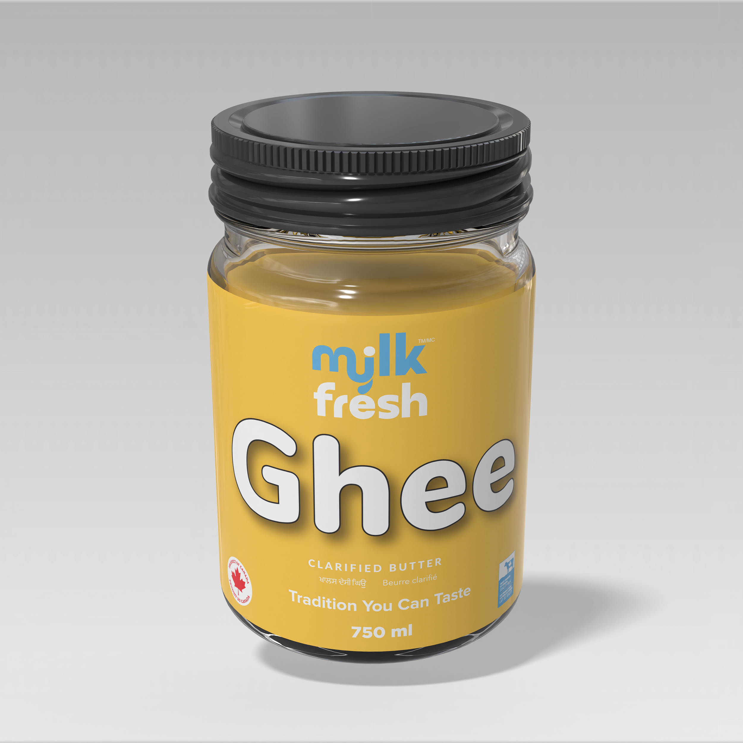 A jar of clarified butter labeled 'milk fresh Ghee 750 ml'.