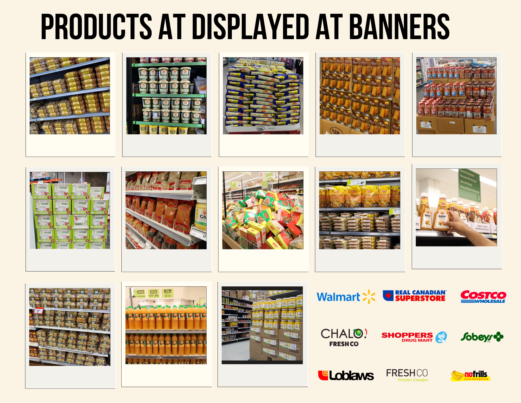 Display of various food products at grocery store banners, including honey jars, boxed foods, snack packs, and bottled beverages, with store logos at the bottom including Walmart, Superstore, Costco, Shoppers, Sobeys, Loblaws, Freshco, and No Frills.