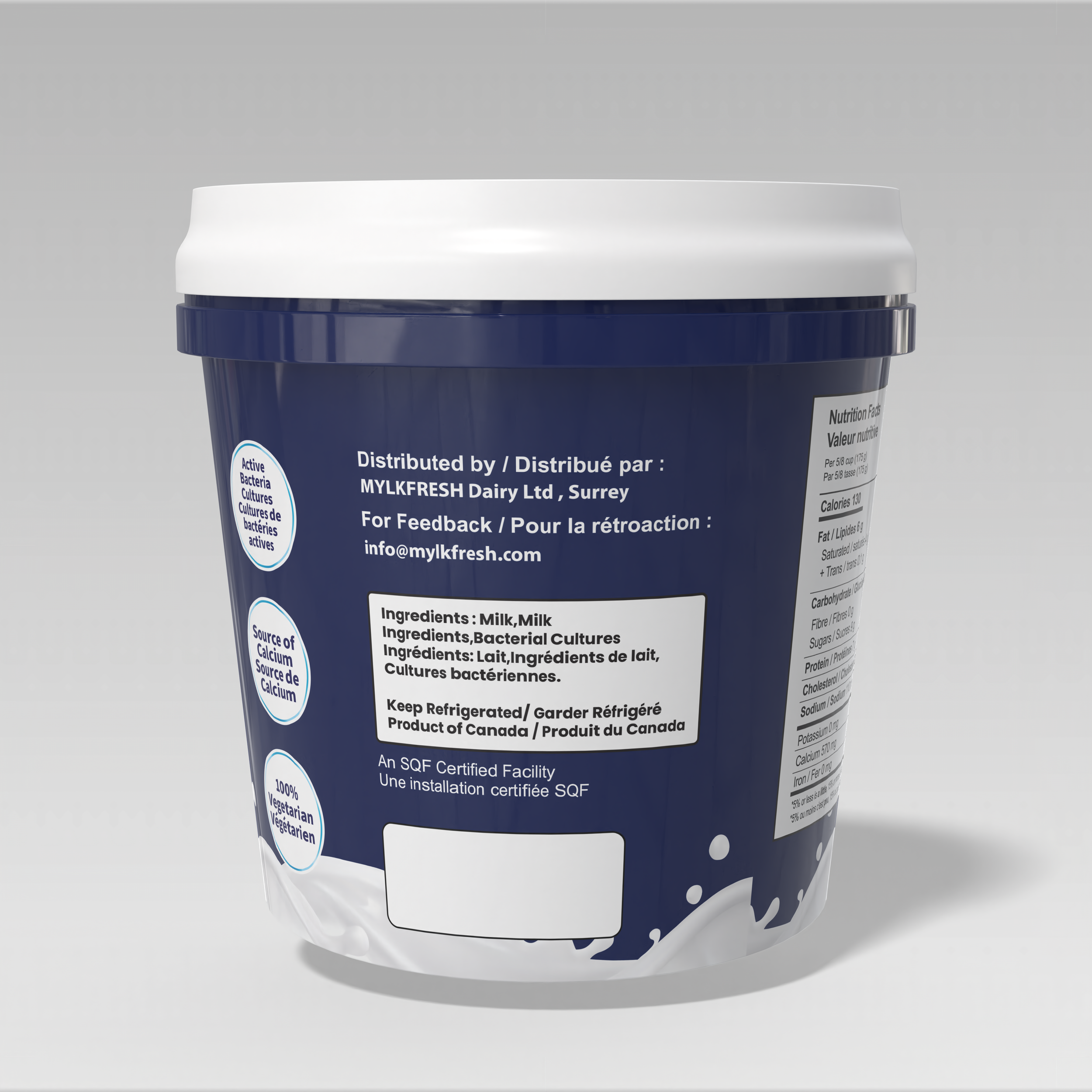 A container of dairy product with a blue label and white lid, displaying information in English and French about ingredients, distribution, storage, and certification.