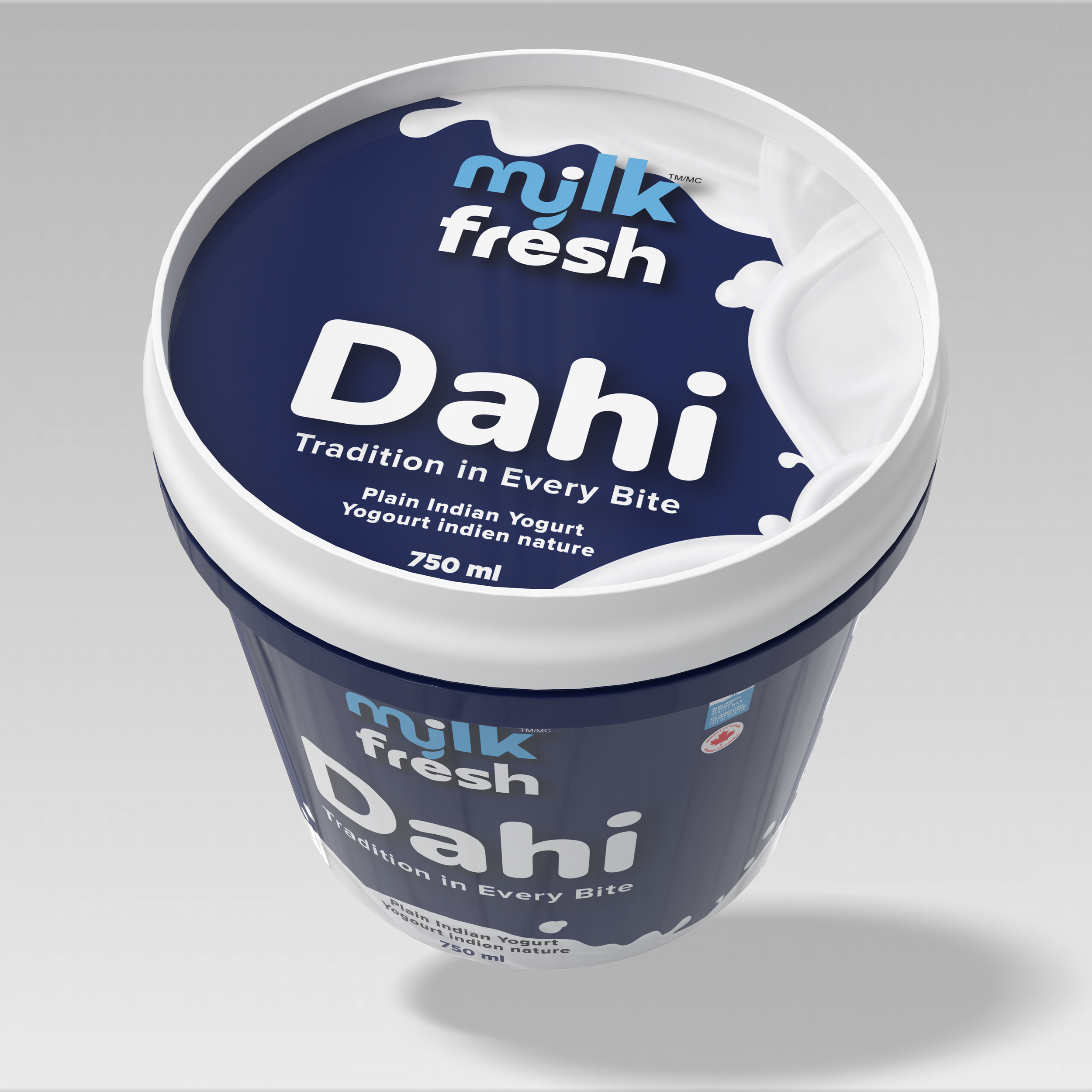 A container of milk fresh Dahi, a plain Indian yogurt, with a blue and white packaging design, showing 750 ml volume.