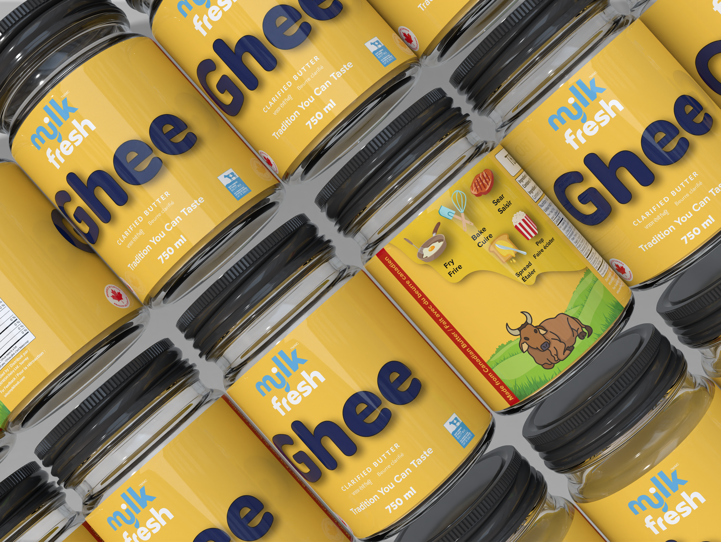 Stacked jars of milk with yellow labels that read "milk fresh" and contain 750 ml of clarified butter, also known as ghee, with colorful packaging and a cow illustration.