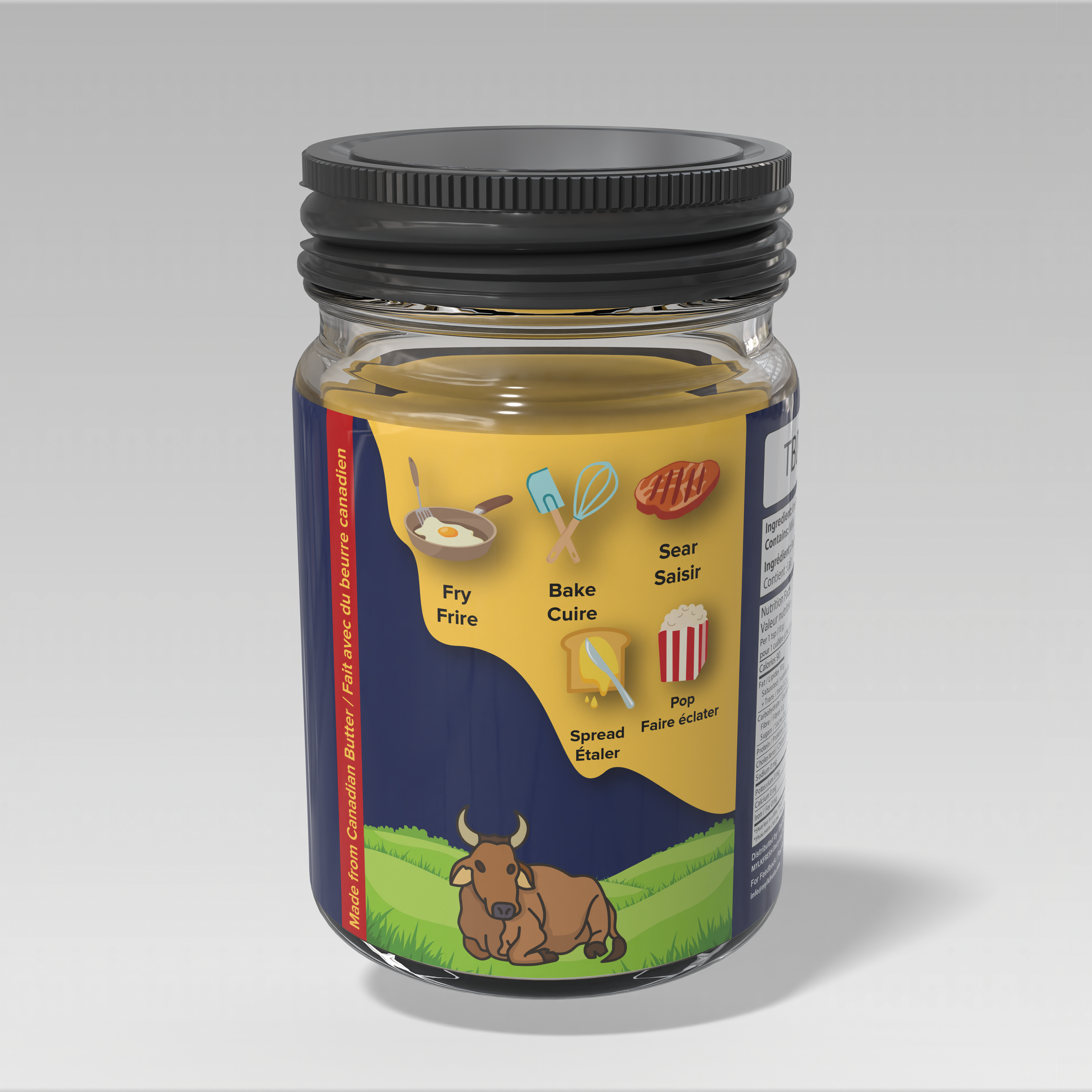 A glass jar of Canadian butter with a black lid, containing a yellow substance, featuring colorful illustrations and labels showing how to use the butter for frying, baking, searing, spreading, and popping popcorn.