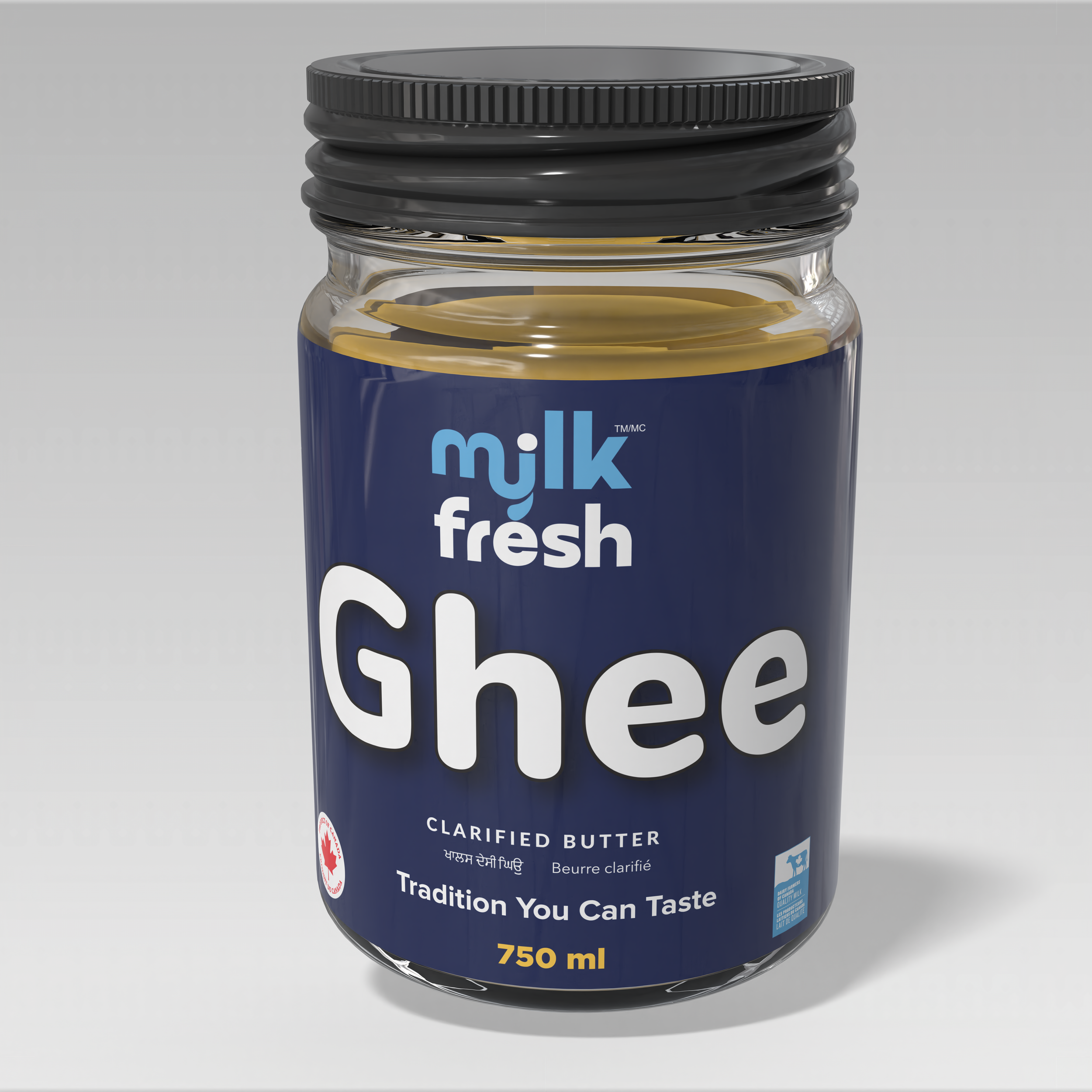 A jar of milk fresh Ghee, 750 ml, with a blue label that says 'milk fresh Ghee', 'Clarified Butter', and 'Tradition You Can Taste'.