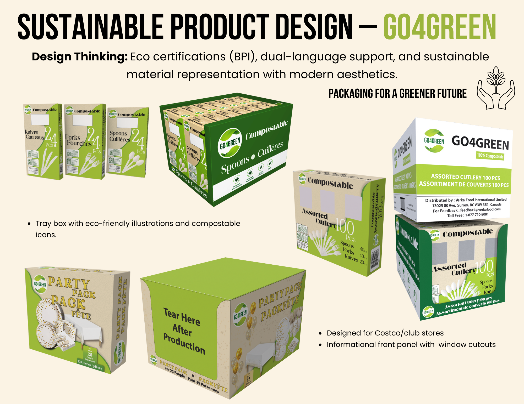 A presentation slide showcasing eco-friendly packaging designs for reusable cutlery, including trays and boxes with illustrations, window cutouts, and biodegradable icons, emphasizing sustainability and modern aesthetics.
