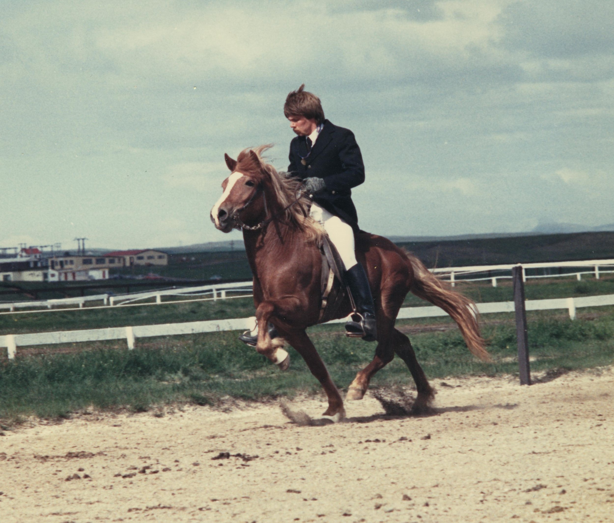 Björn Jónsson riding Gassi when 4 years old at the Landsmót in Hella in 1986