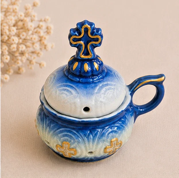 Handmade Ceramic Incense Burner - Dark Blue/White Gold Resin