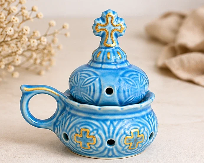 Handmade Ceramic Incense Burner - Blue Gold Resin