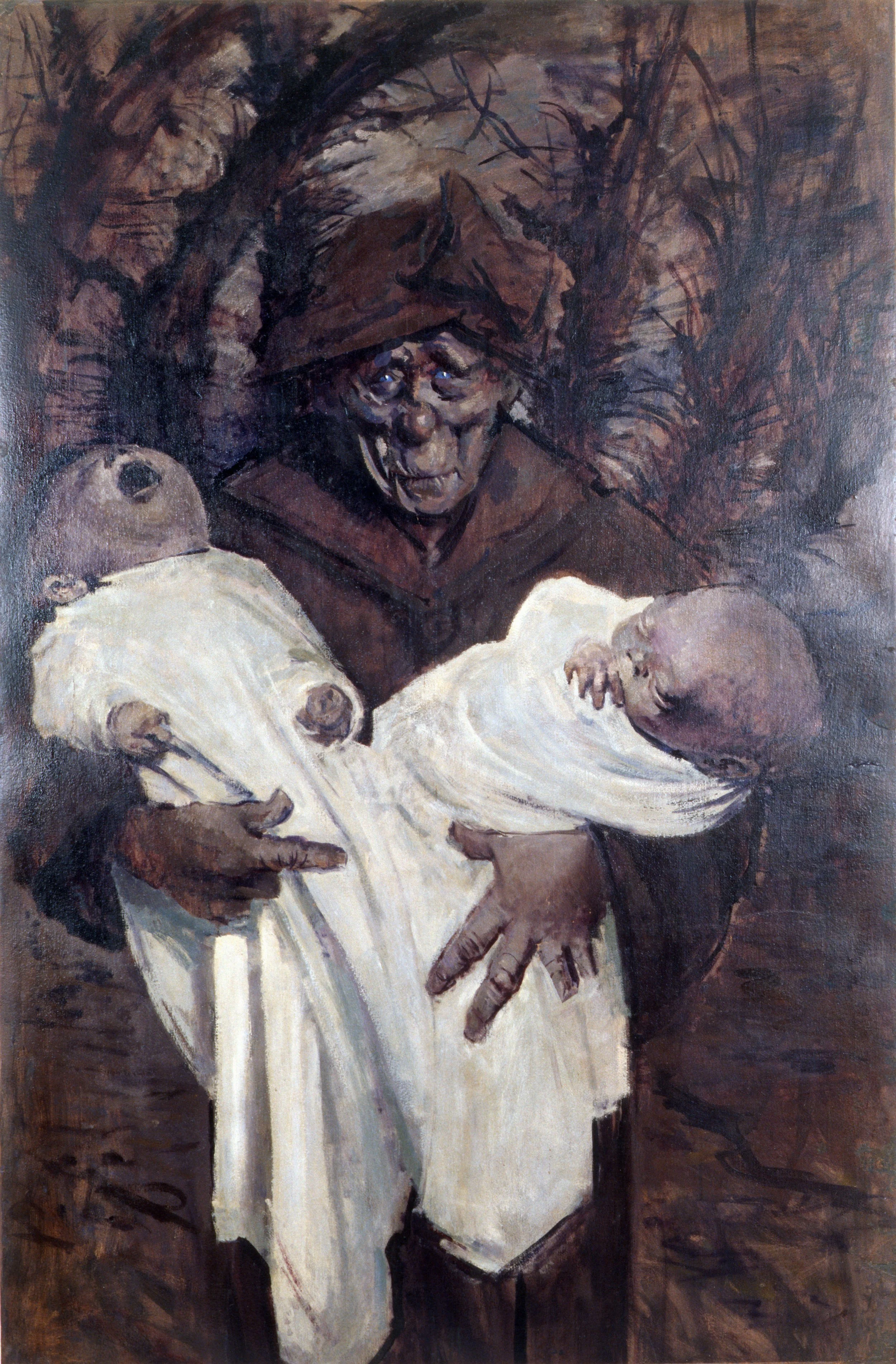 #531  Granny with Twins  (1952)  Painting,  155 x 99 cms