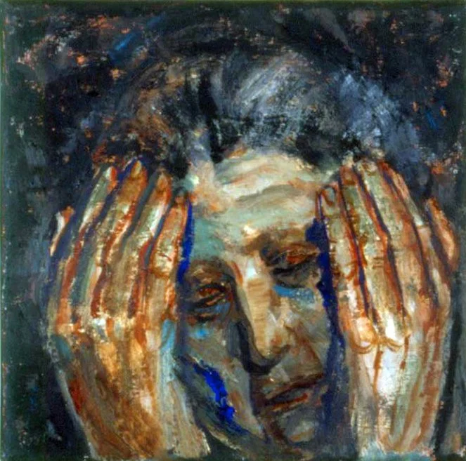 #1215  Grieving Head  (2005)  Painting  20 x 20 cm.  Price: £950