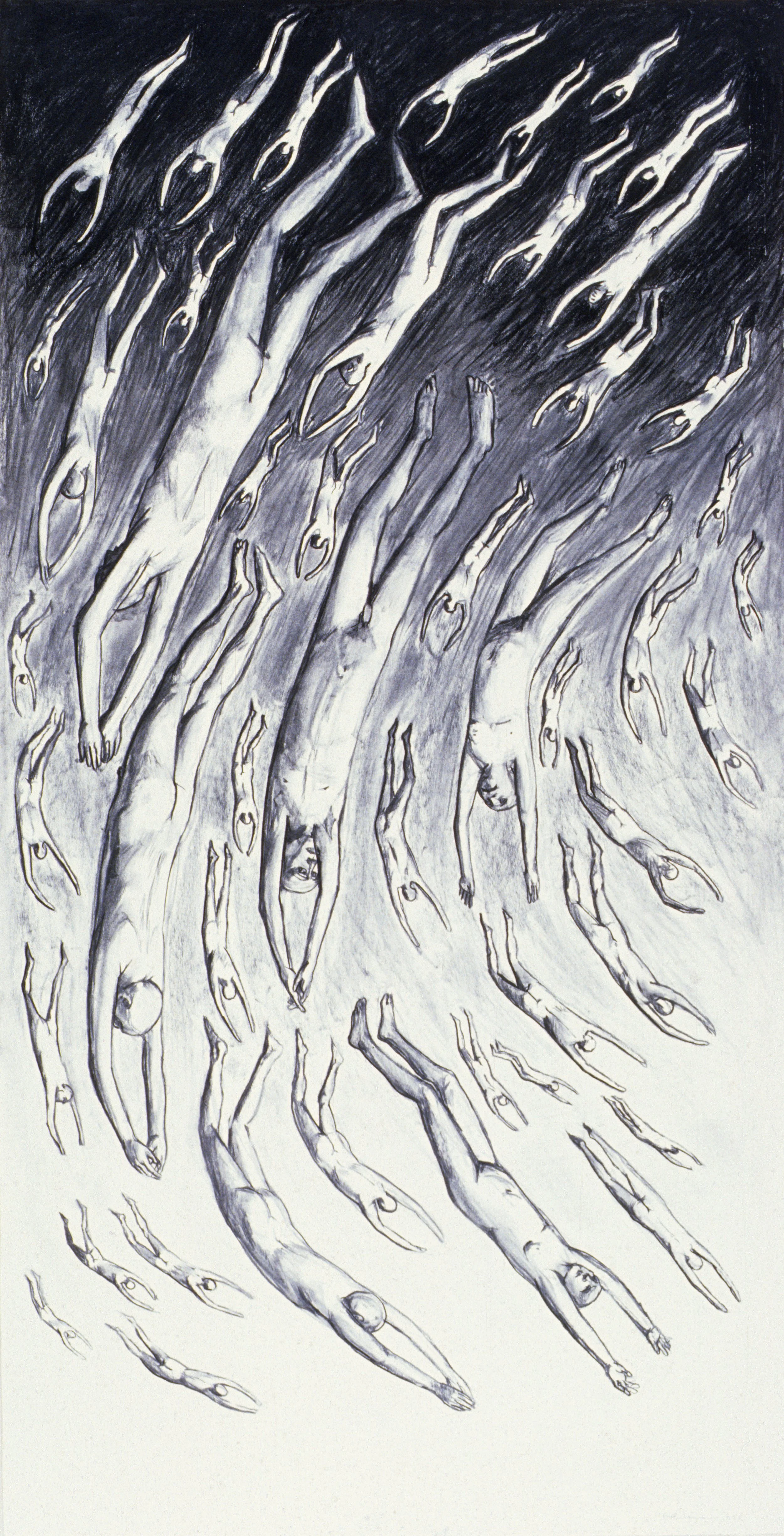 #113  Triptych - Falling Men 1 (1985)  Charcoal drawing  135 x 69 cm.  Price: £3500