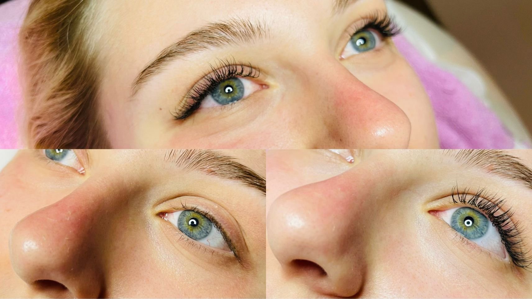 Close-up collage of a woman's face with different angles focusing on her green and blue eyes, with long eyelashes and clear skin.