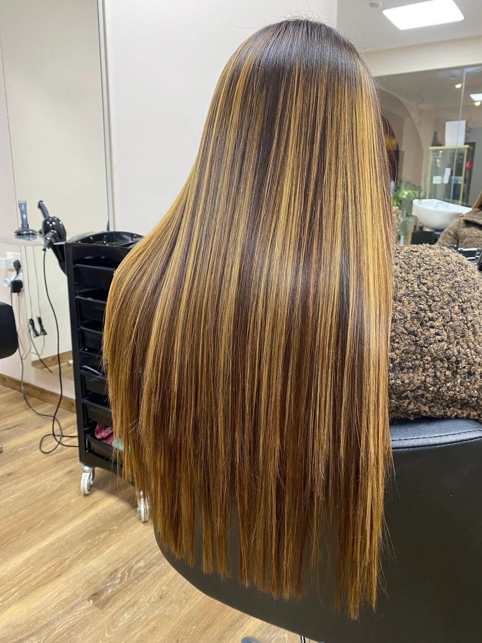 Long, straight hair with a blend of brown and blonde highlights, viewed from the back in a salon.
