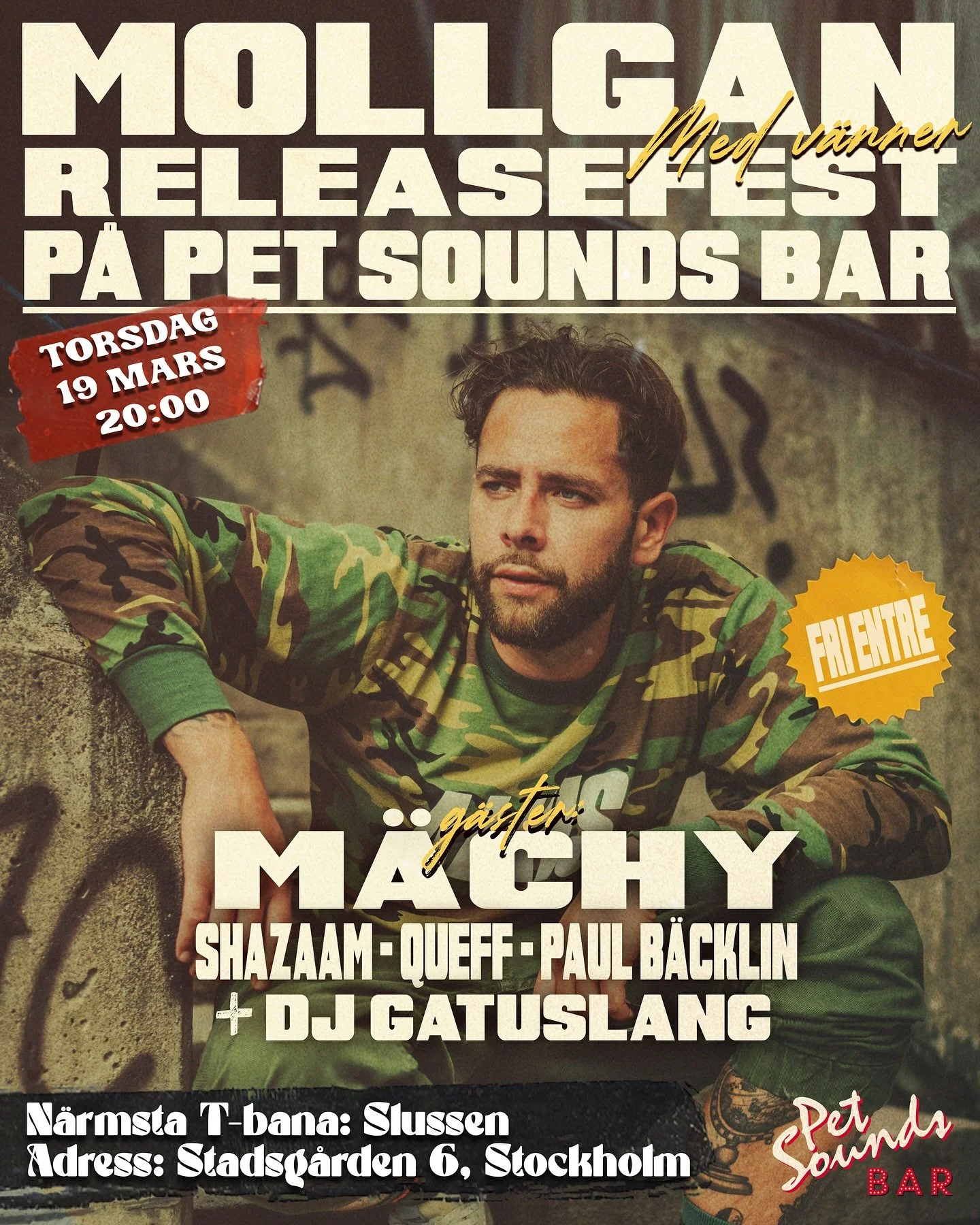 Imorgon styr vi upp releasefest och konsert p&aring; Pet Sounds Bar i Stockholm (n&auml;ra Slussen)! Vi har med oss massa grymma g&auml;ster som M&auml;chy, Shazaam, Queff och Paul B&auml;cklin + Dj Gatuslang bakom skivspelarna! 🔥 Det drar ig&aring;
