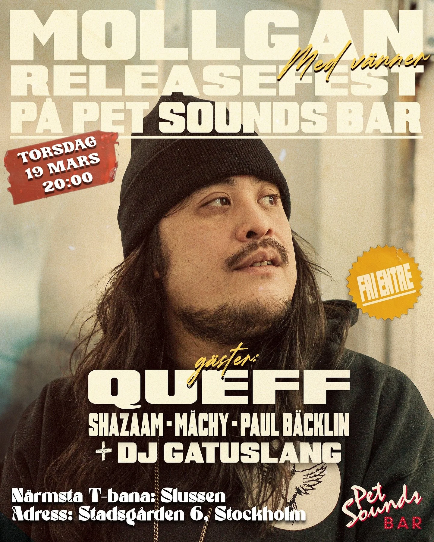Om n&aring;gra timmar (20:00) blir det maxad releasefest p&aring; Pet Sounds Bar i Stockholm (n&auml;ra Slussen)! Vi har med oss massa grymma g&auml;ster p&aring; scen som Queff, Shazaam, M&auml;chy och Paul B&auml;cklin + Dj Gatuslang bakom skivspel