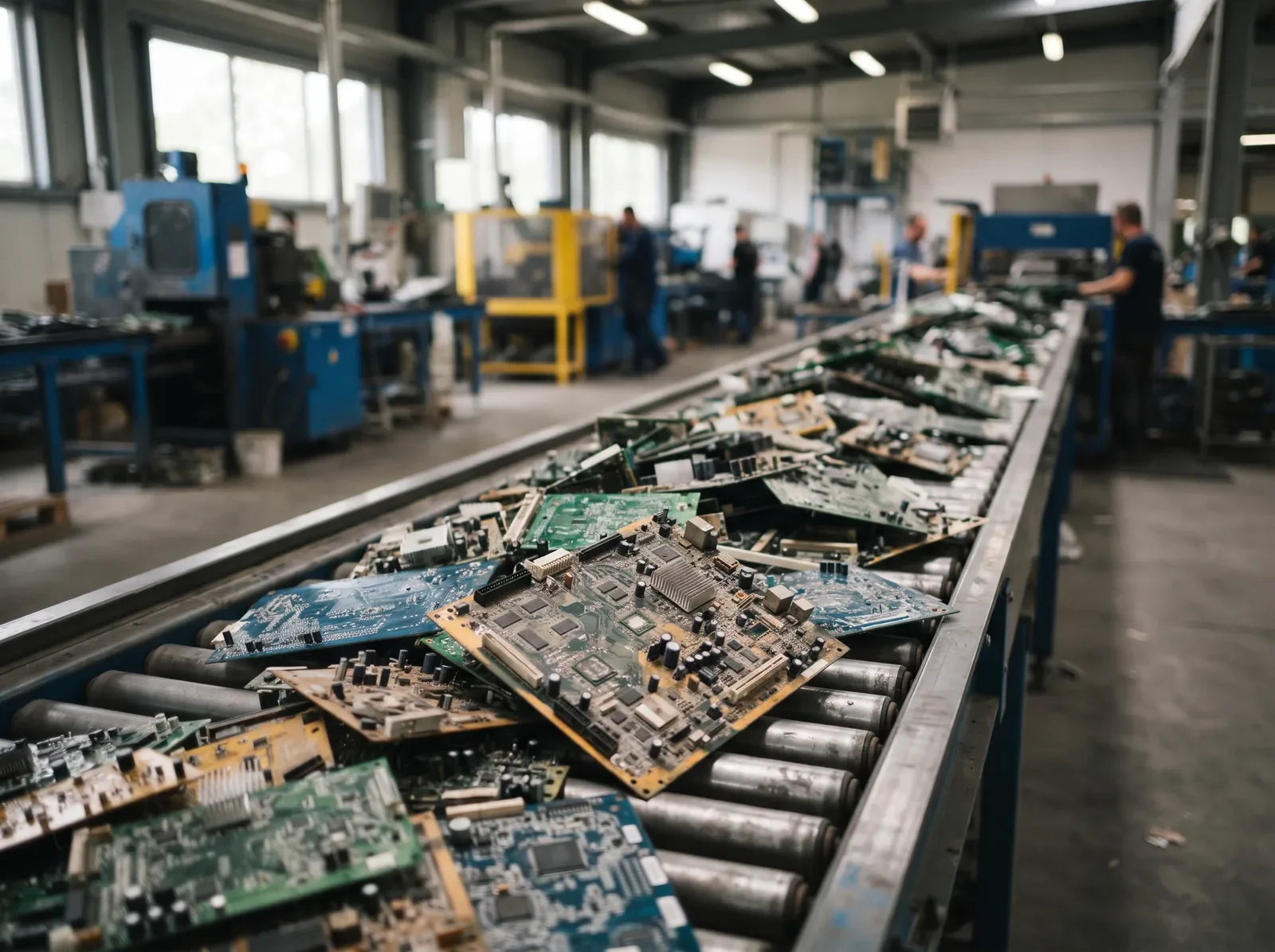 Discarded circuit boards on a conveyor at an e-waste recycling plant, a source of metals through urban mining