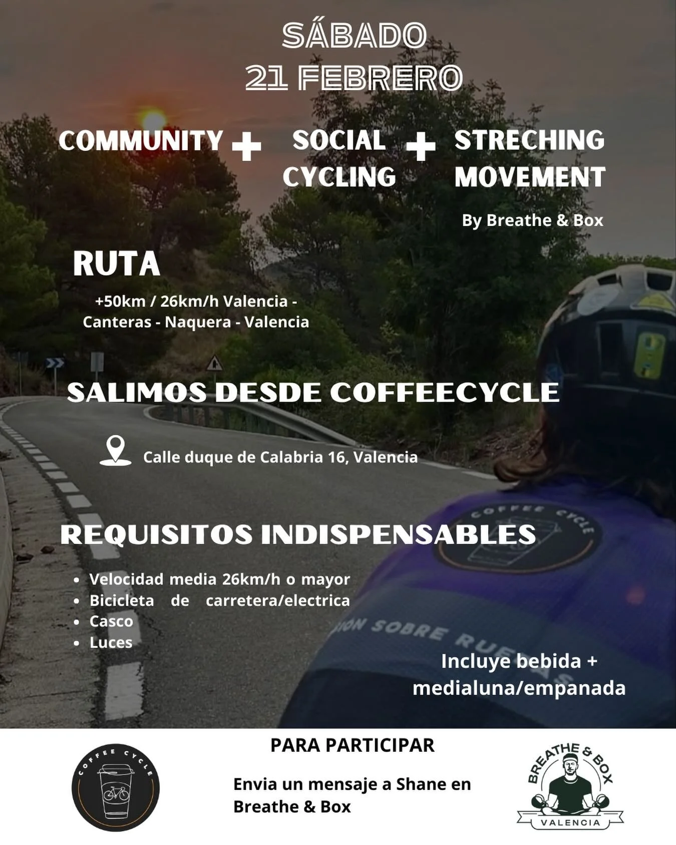 21 February 🌅 🚵 ☕️

Excited to collaborate the @breatheandbox community with the @coffeecycle.vlc community as well everyone else who is looking for some movement, beautiful nature and of course great coffee and food.

Early bird prices start Monda