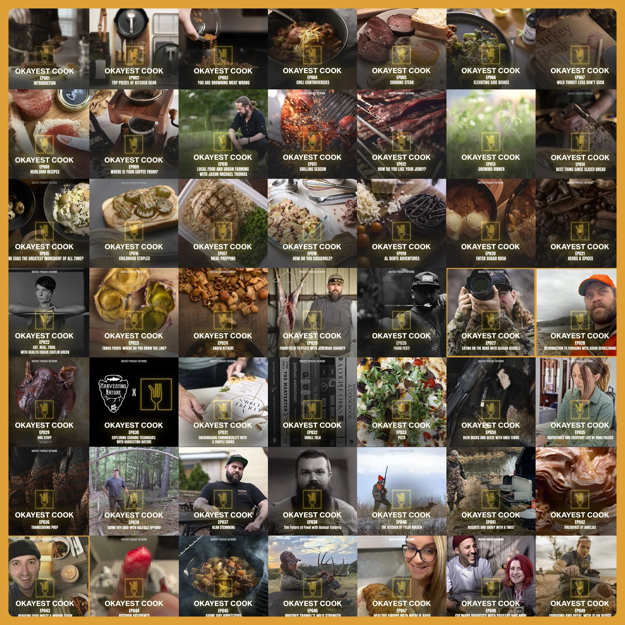 Collage of various scenes including food preparation, cooking techniques, outdoor activities, and people involved in culinary and outdoor pursuits.