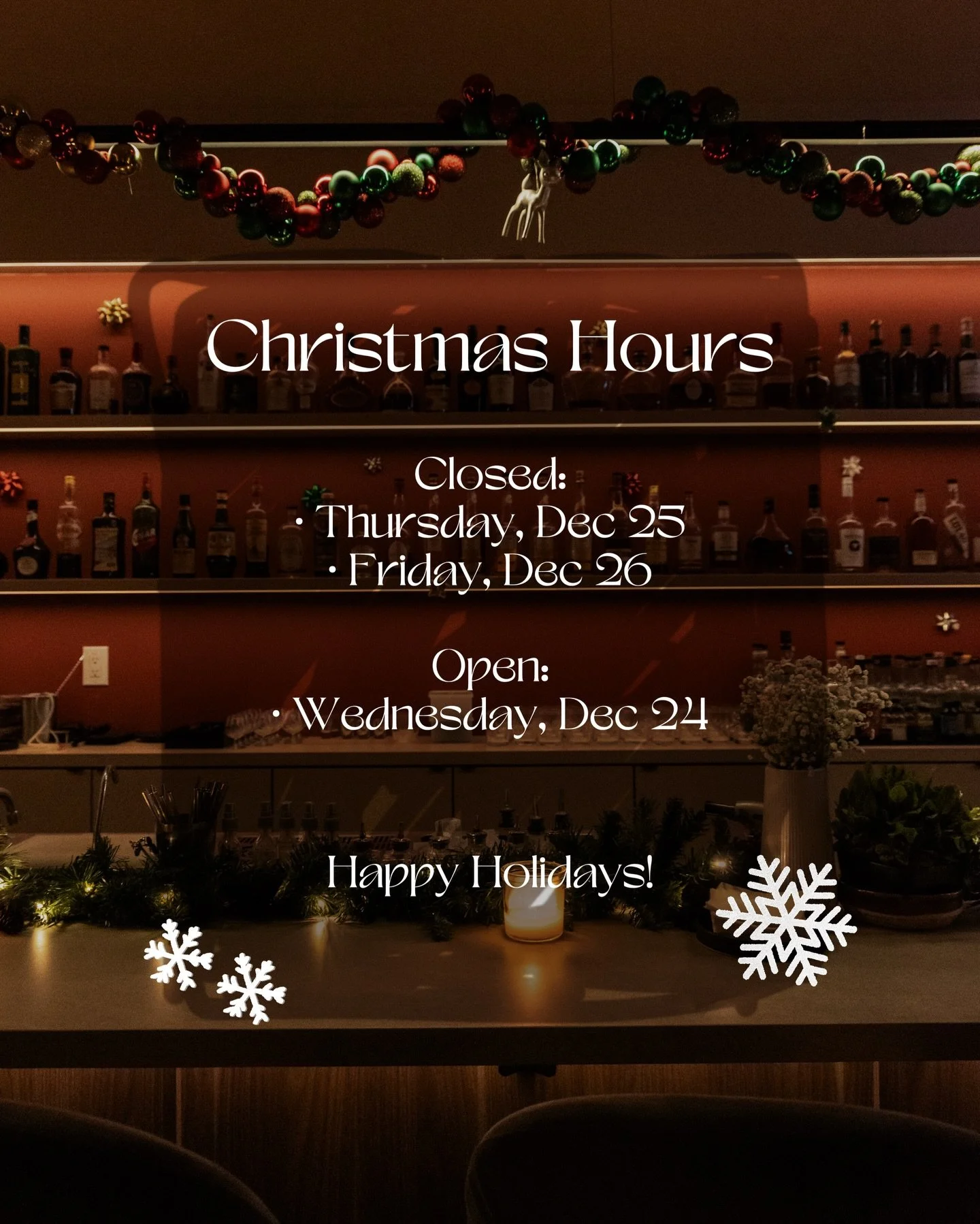 Christmas hours are posted! 🎅✨
We&rsquo;re open as usual on Christmas Eve! Come share a festive drink with us before the big day!! 🎄