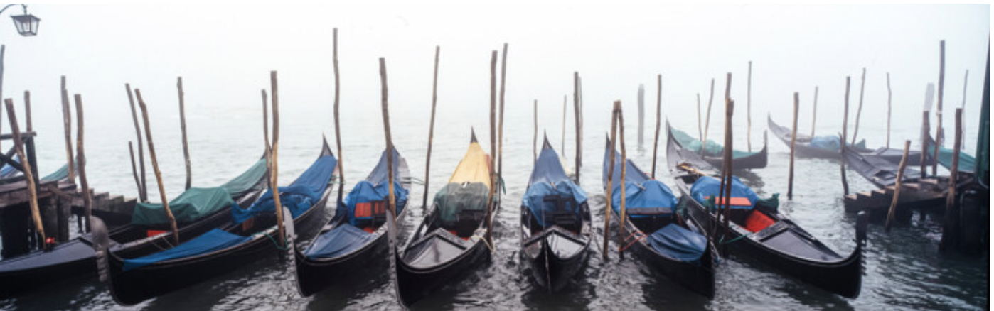 Artistic photography print Misty Morning With Gondolas in Venice by photographer Derek Harris