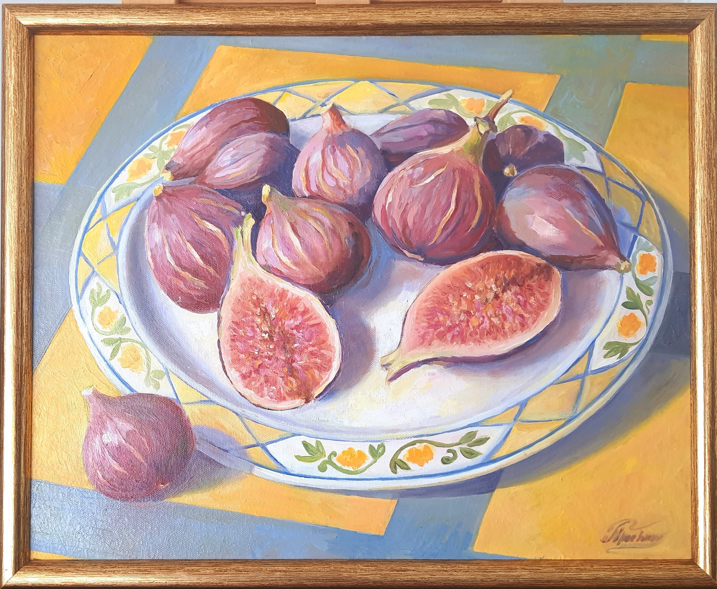 A still-life painting of figs on a plate in warm tones.