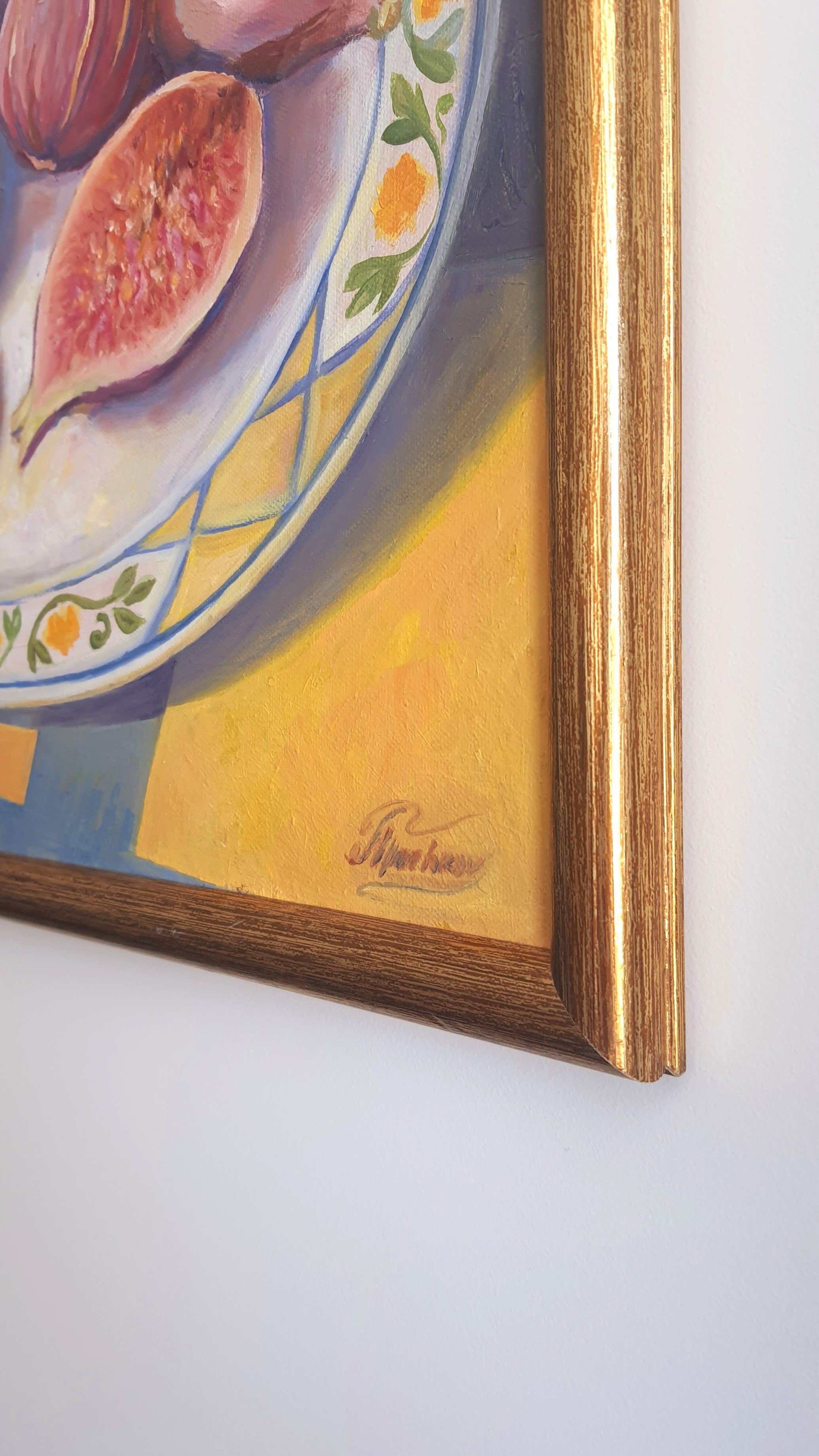 A still-life painting of figs on a plate in warm tones: close-up
