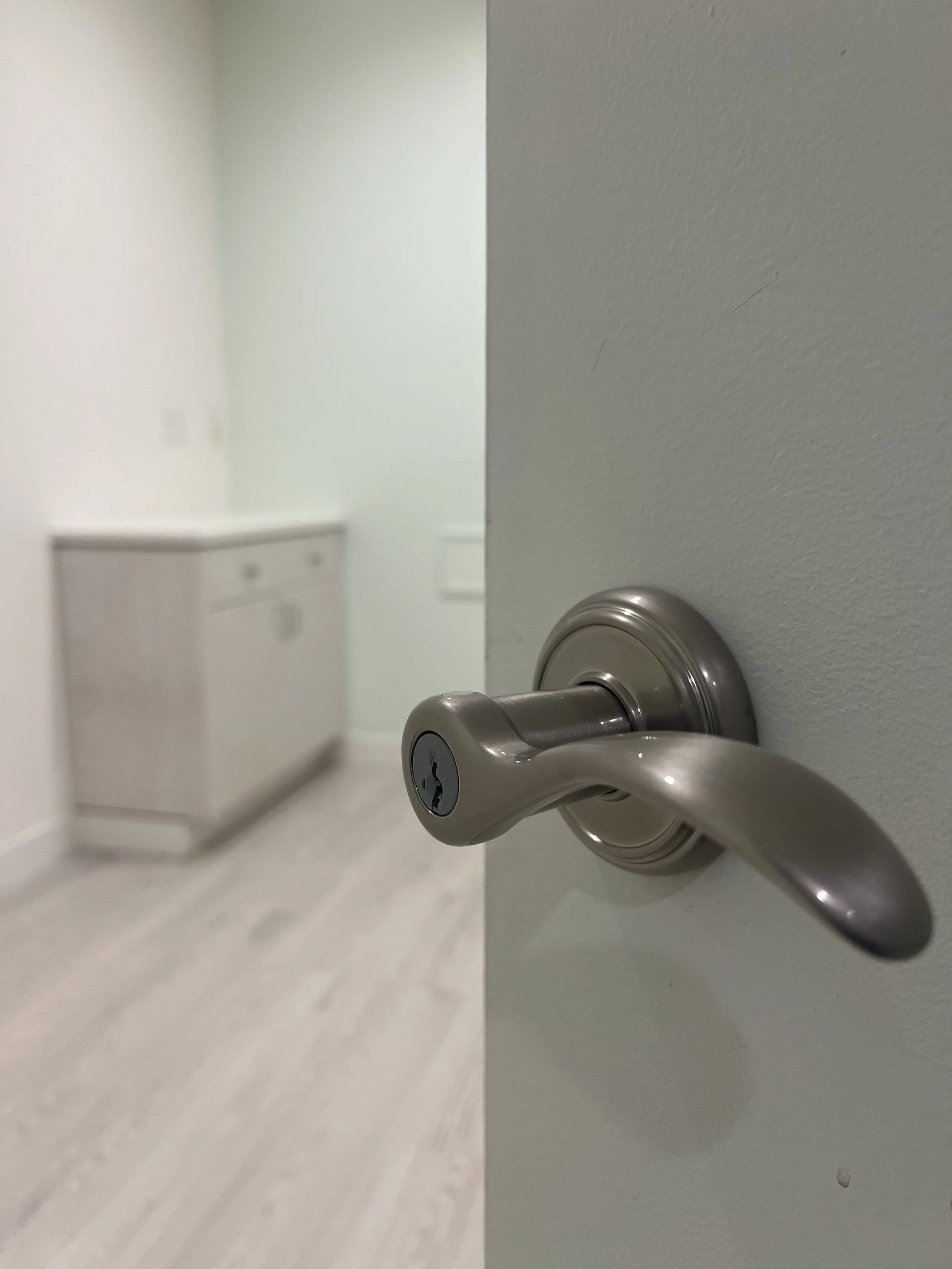 Door slightly ajar revealing a room with luxury wooden flooring and grey cabinet.