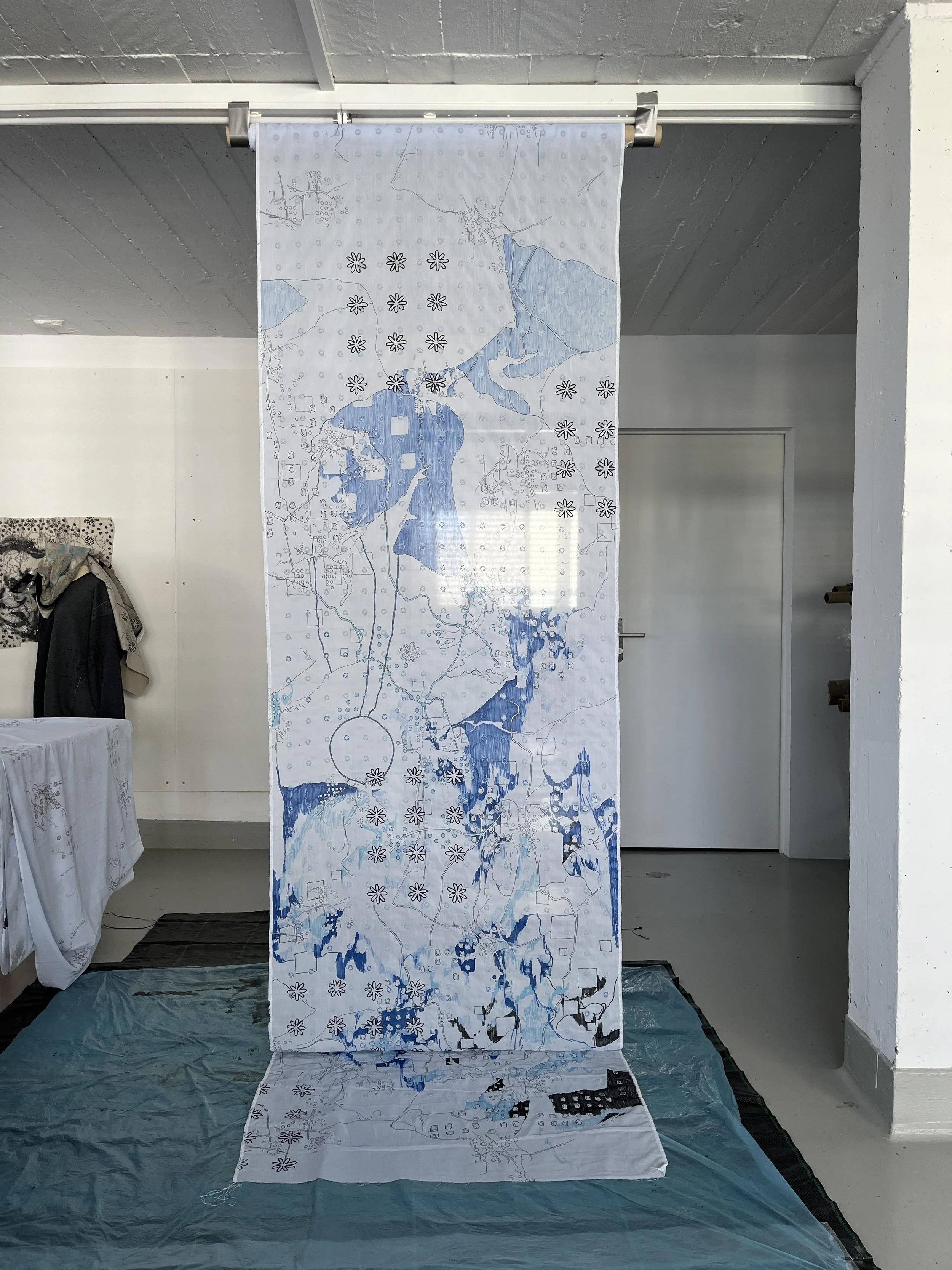 2024 | Waterfall | handpaint, screenprint and embroidery on cotton | 90x400cm