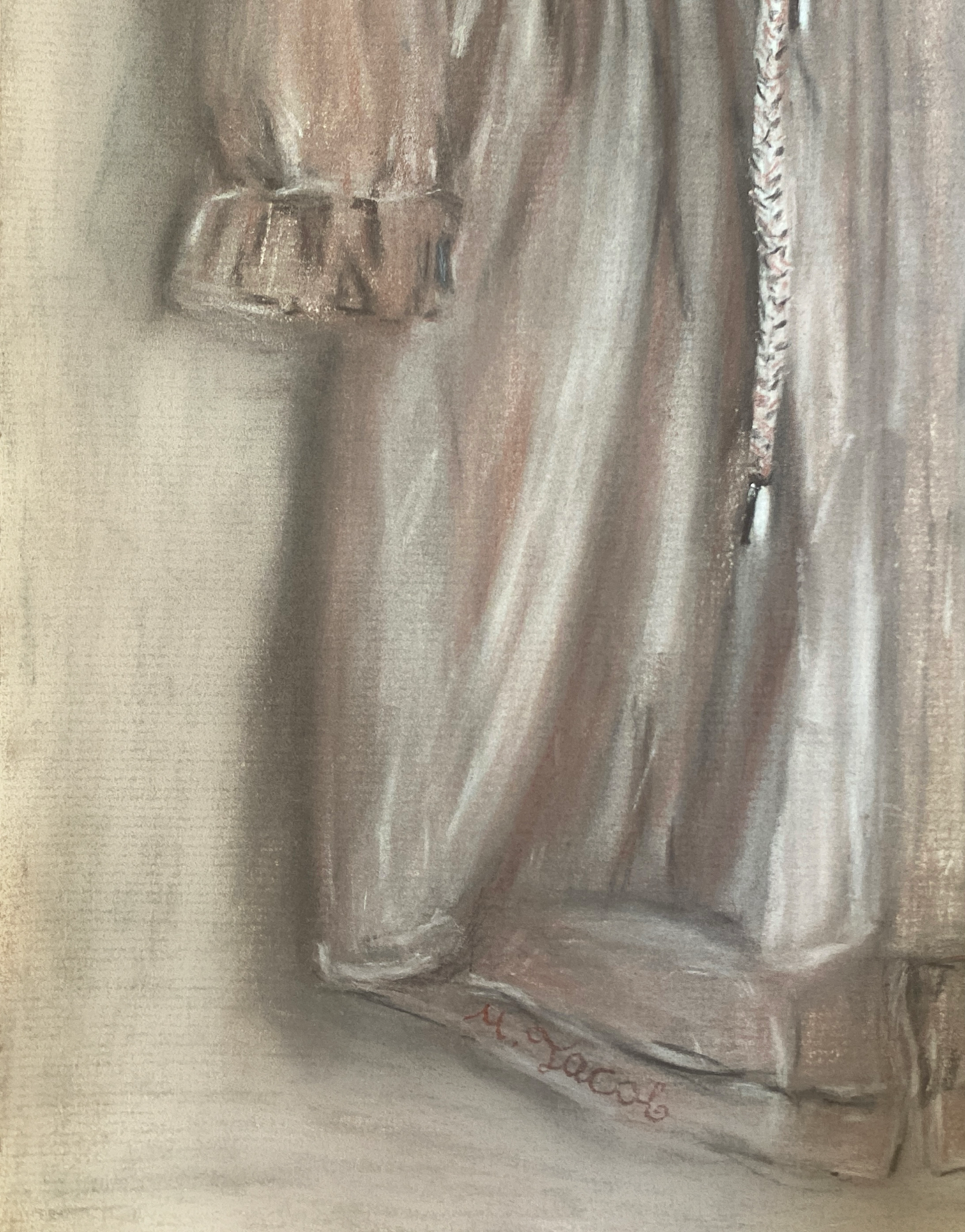 A detailed painting of a beige cloth bag with a drawstring, placed on a flat surface. The artist's signature is visible at the bottom. The bag appears to be made of soft material with folds and shadows.