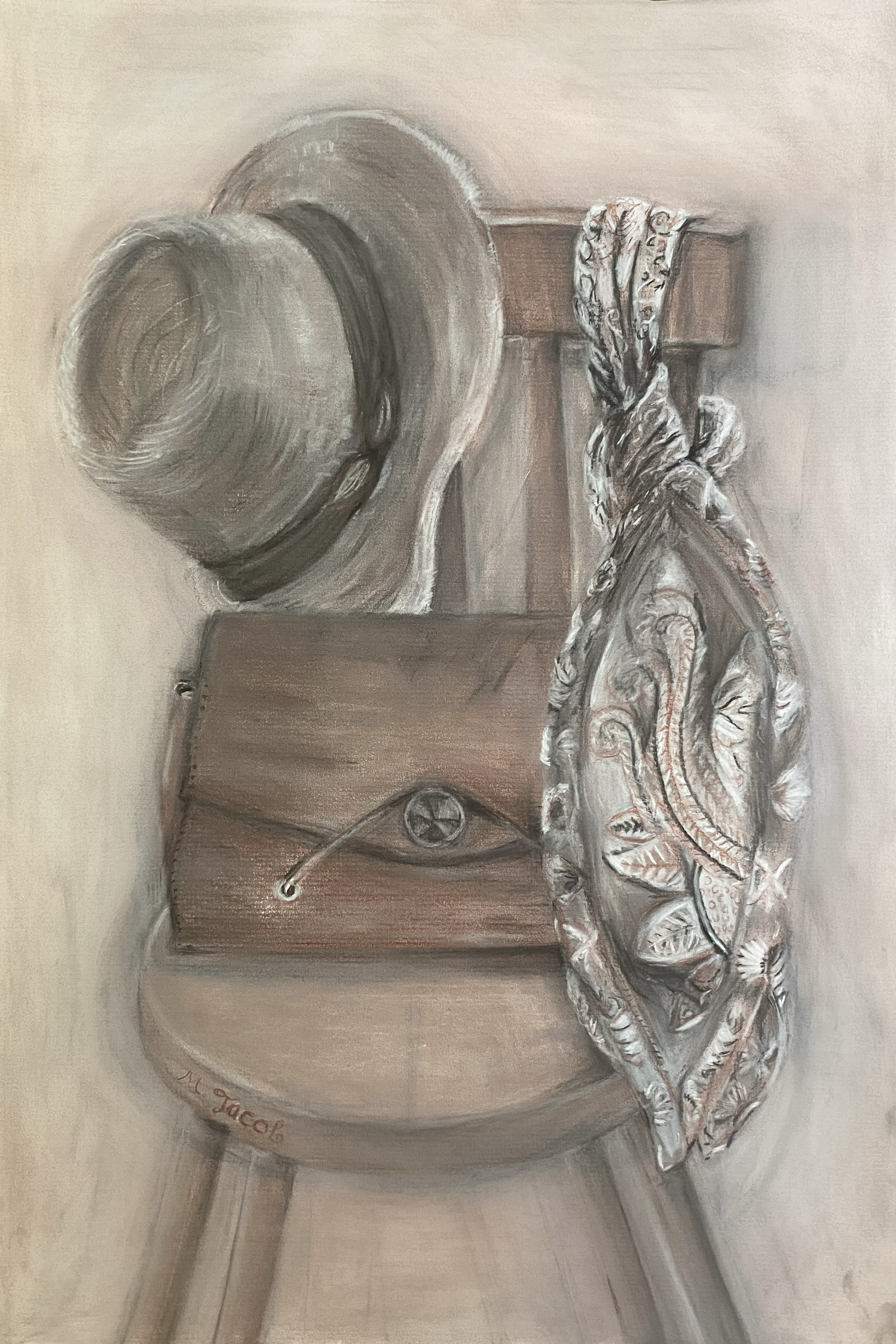 A painted still life of a straw hat, a wooden folding fan, a floral patterned scarf, and a small wooden box on a round wooden table.
