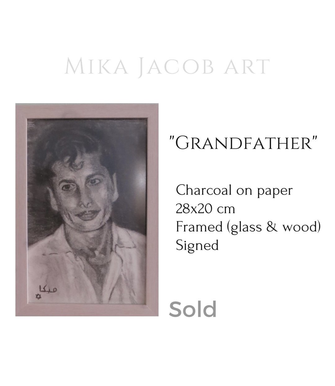 Charcoal portrait of an elderly man with short hair, framed in wood and glass, labeled 'Grandfather', signed at the bottom, and marked 'Sold'.