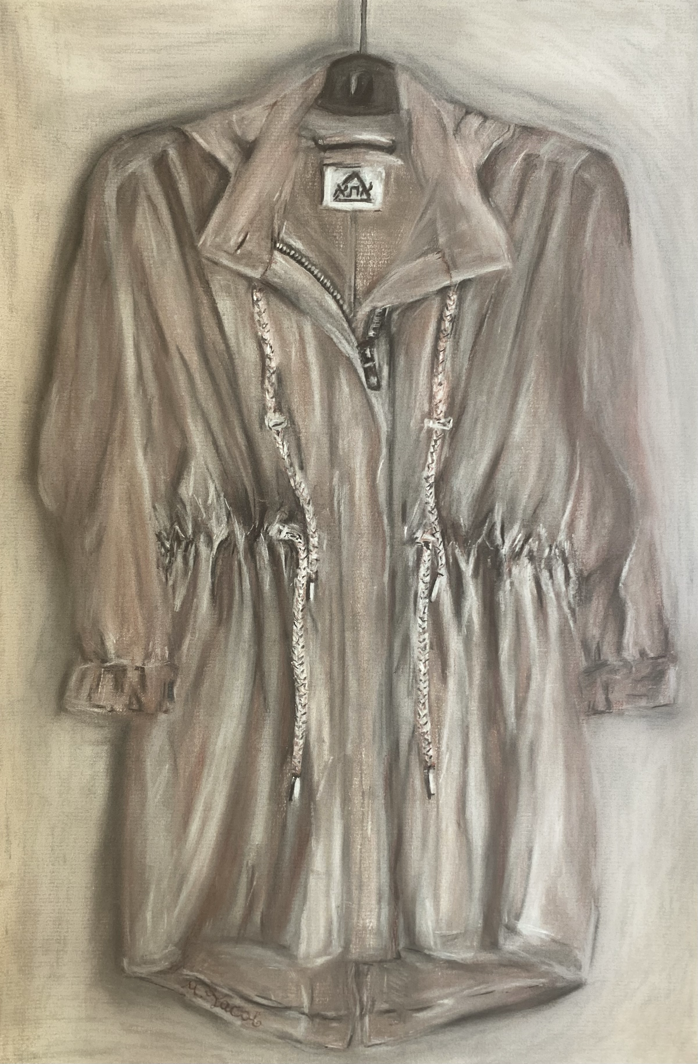 Painting of a light-colored jacket hanging on a wall.