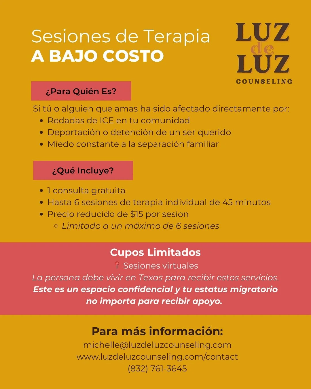 I am offering a limited number of low-cost therapy sessions for those directly affected by 🧊 raids, detention or deportation of a loved one or fear of family separation. 

These are short-term support sessions.

🦋 The process begins with a free con