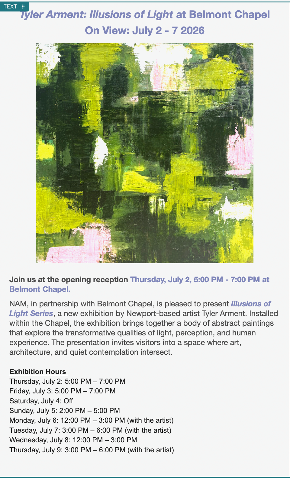 Tyler Arment: Illusions of Light, A Collaboration Between the Newport Art Museum and Belmont Chapel