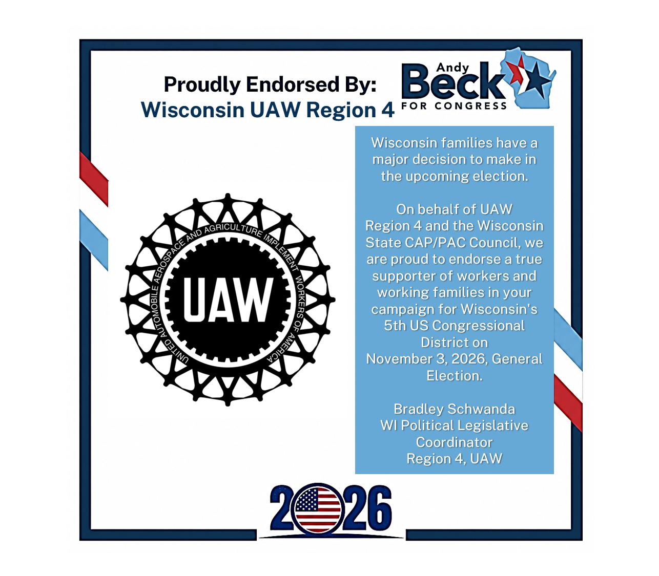 Political campaign flyer endorsing Andy Beck for Wisconsin UAW Region 4, featuring the UAW logo, campaign information, and a 2026 election graphic with an American flag inside the number zero.