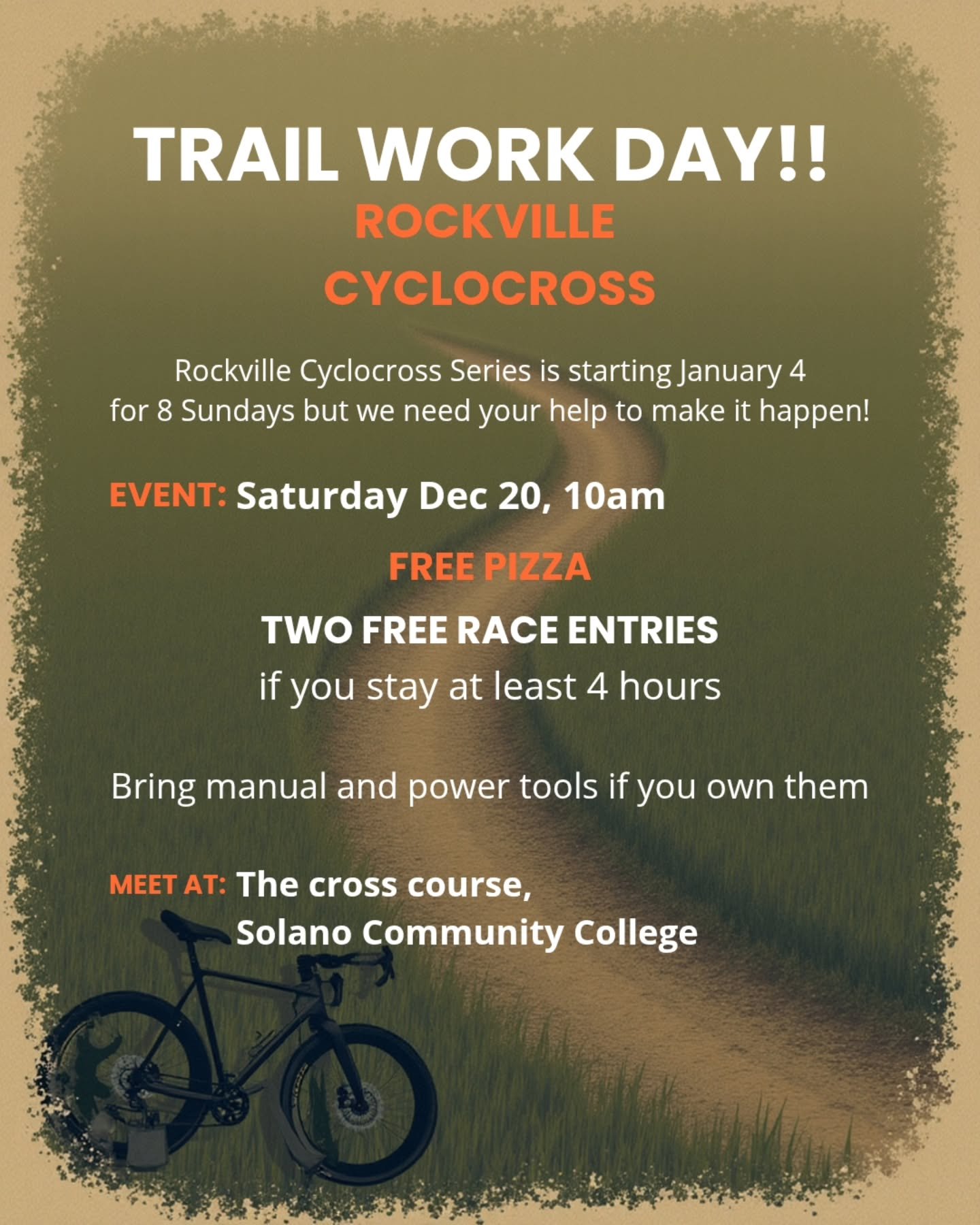 #crossiscoming but we need your help! @rockvillecx is starting January 4 for 8 Sundays in a row, but our venue needs major work to get it ready.

This Saturday, December 20, we're having a trail day to get the course ready. 10am, Solano Community Col