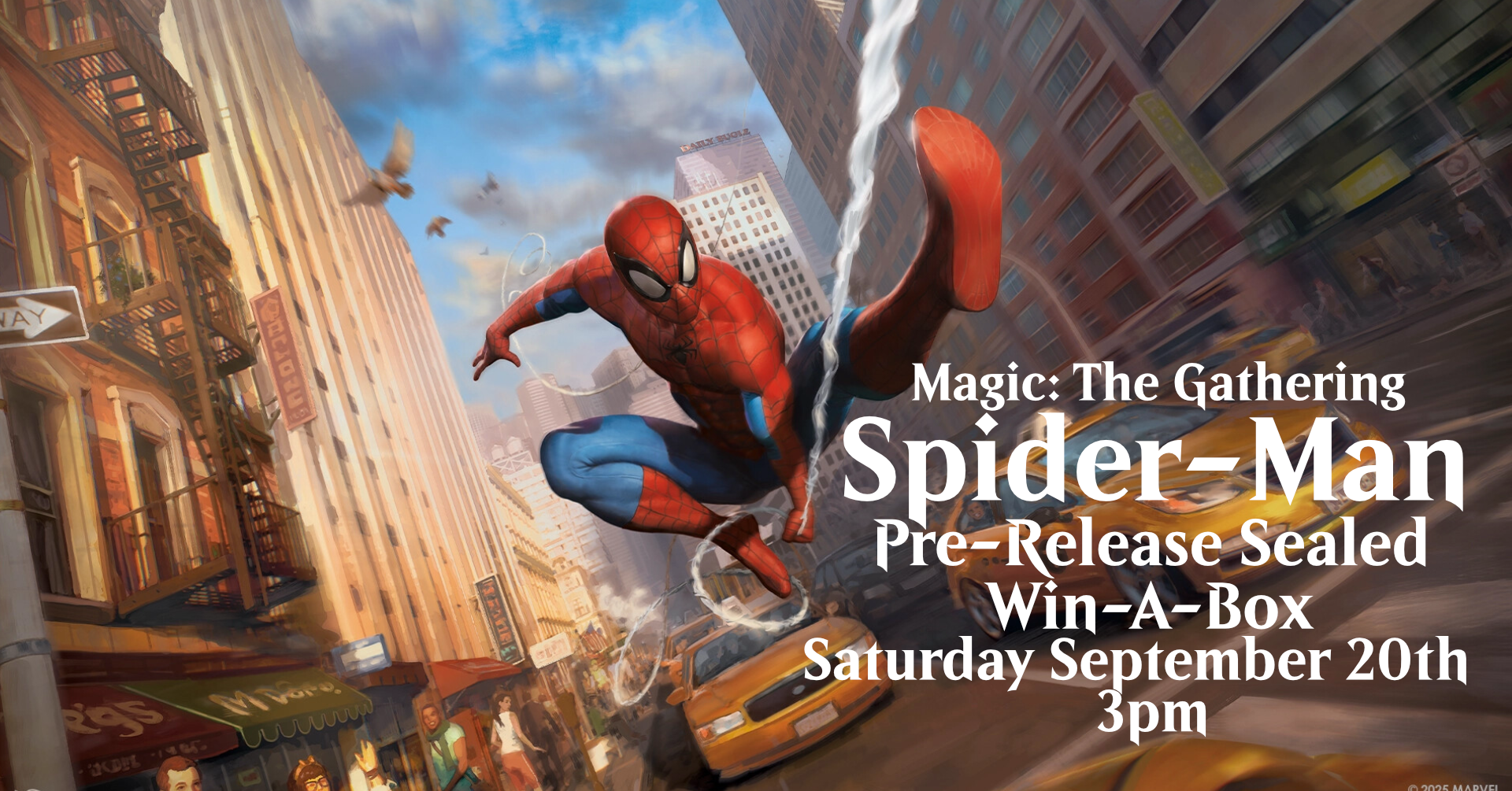 Spider-Man swinging through a city street with yellow taxis and buildings around, promotional poster for 'Magic: The Gathering Spider-Man' pre-release event on September 20th at 3pm.