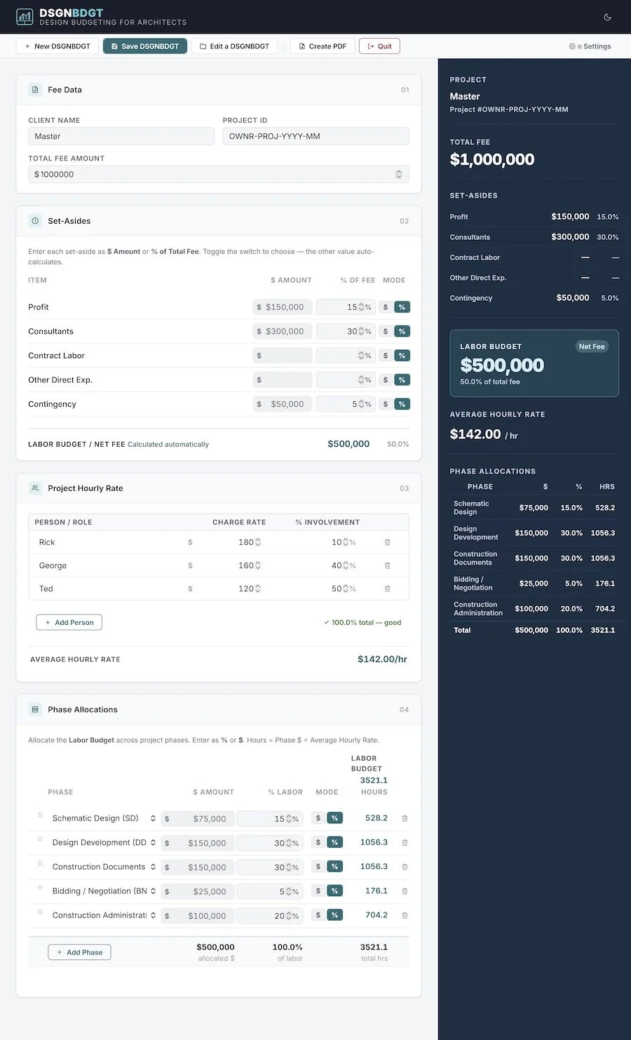 DSGNBDGT app interface showing architectural fee entry forms on the left and live phase allocation results on the right