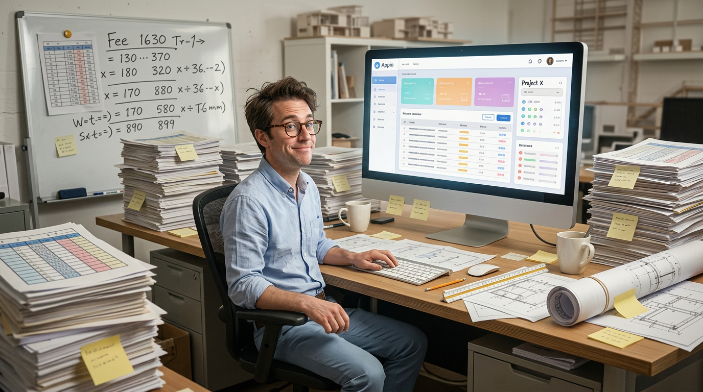 Conceptual graphic: a small-firm architect at a desk, surrounded by spreadsheet chaos, with a clean app appearing on screen