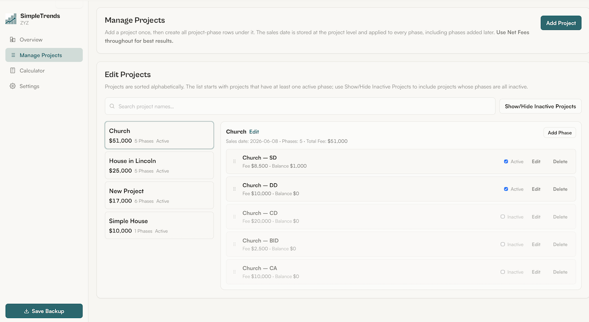 Adding a project and phases in the SimpleTrends architecture app.
