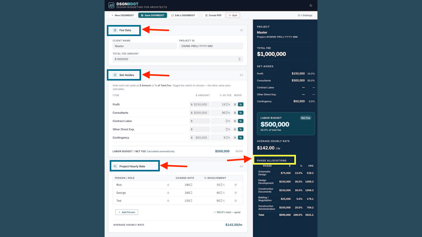 Screenshot of the DSGNBDGT app dashboard — project list with phase budget bars visible