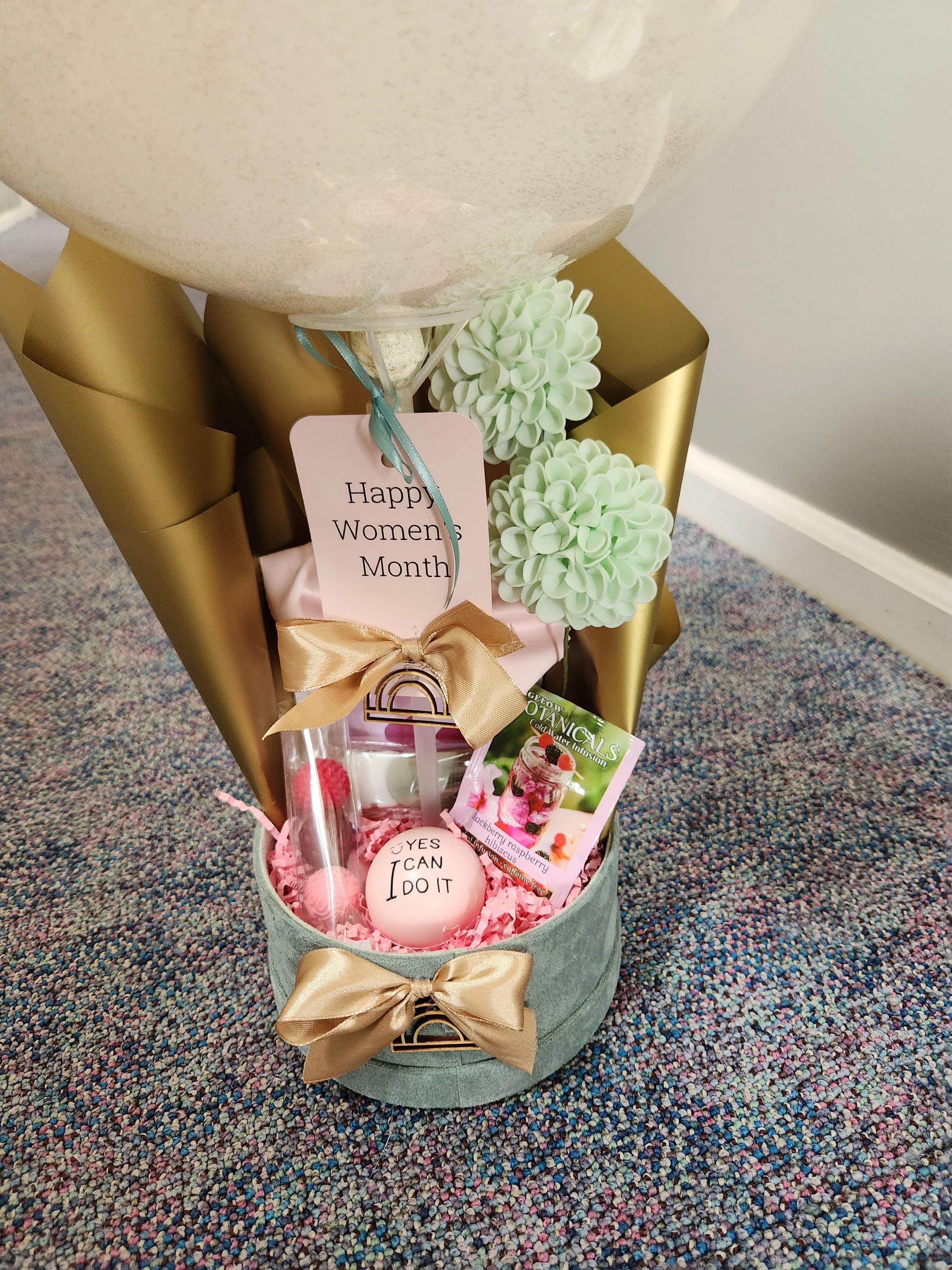 Women's History Month Gift Basket with Balloon in green and pink